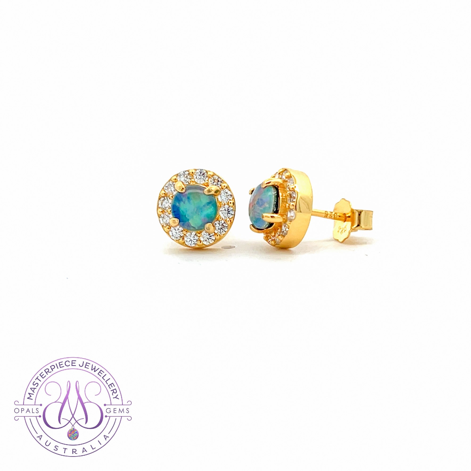 Gold Plated Sterling Silver 5mm Opal triplet halo earring studs