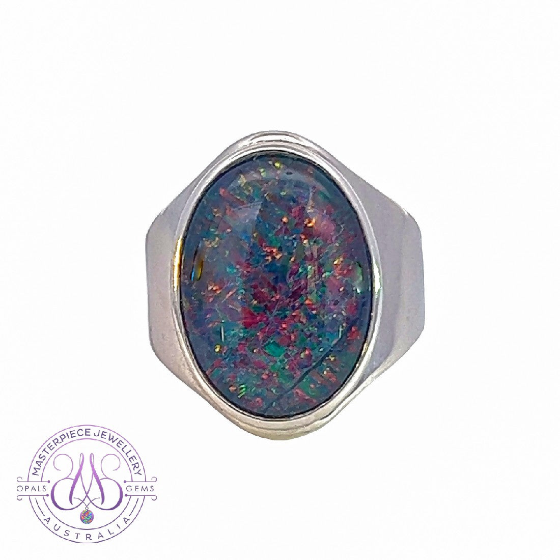 Sterling Silver 18x13mm Opal triplet solitaire open side cut ring - Masterpiece Jewellery Opal & Gems Sydney Australia | Online Shop