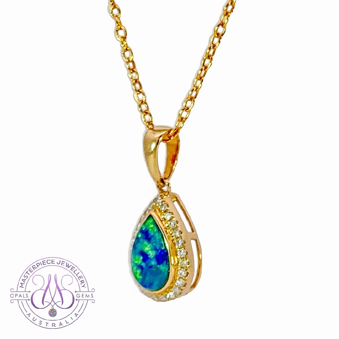 14kt Yellow Gold pearshape Opal doublet halo pendant - Masterpiece Jewellery Opal & Gems Sydney Australia | Online Shop