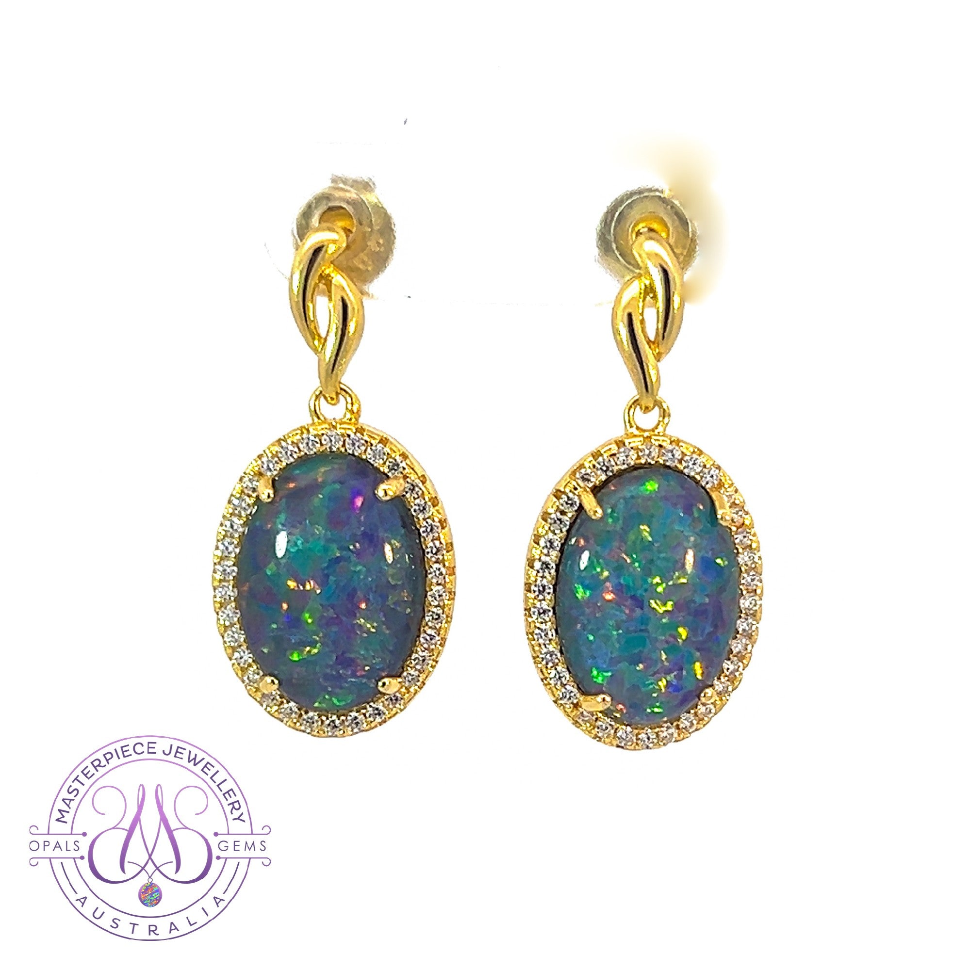 Gold Plated Sterling Silver 14x10mm Opal triplet dangling Halo earrings