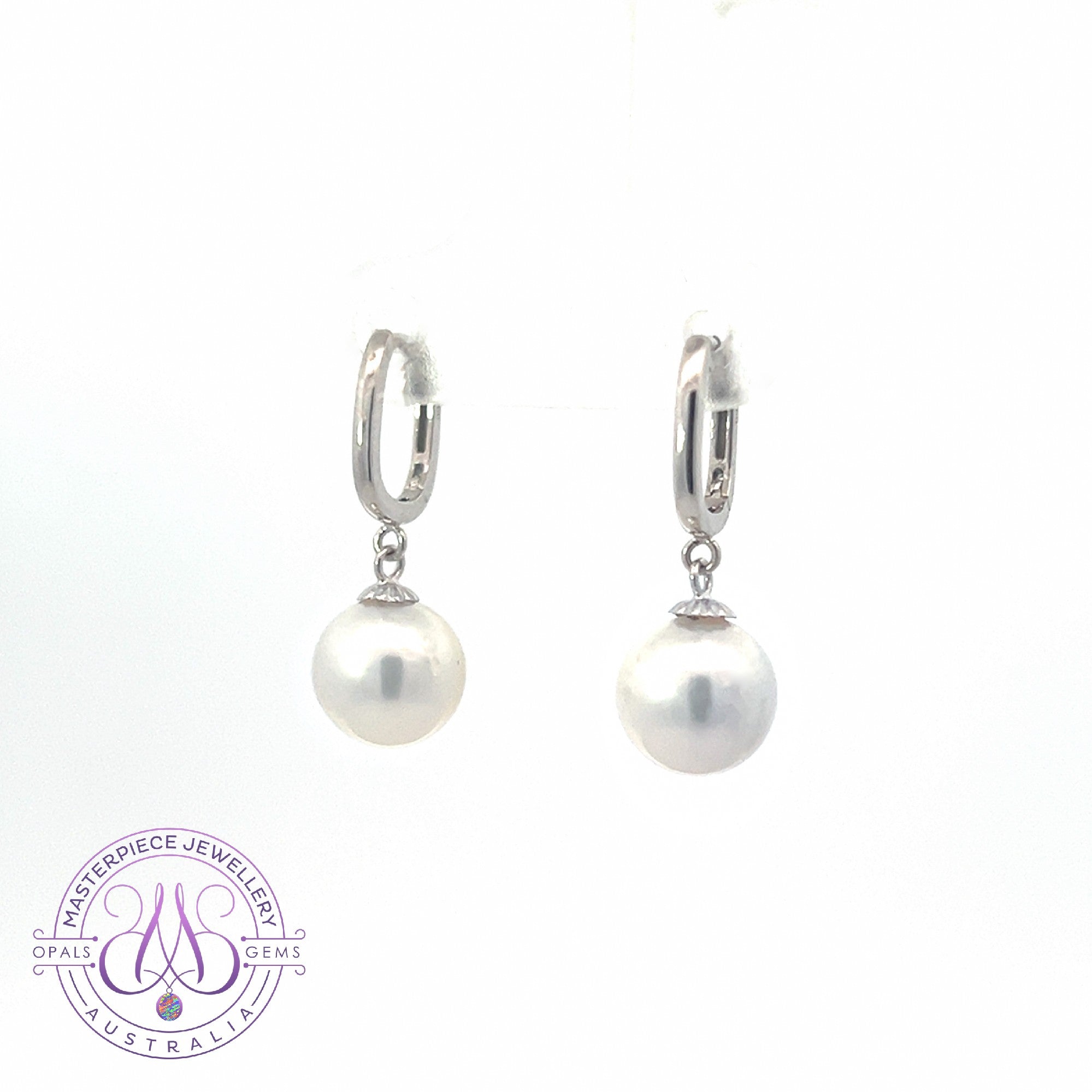 18kt White Gold dangling U-shape huggies with 8-8.5mm South Sea Pearls earrings