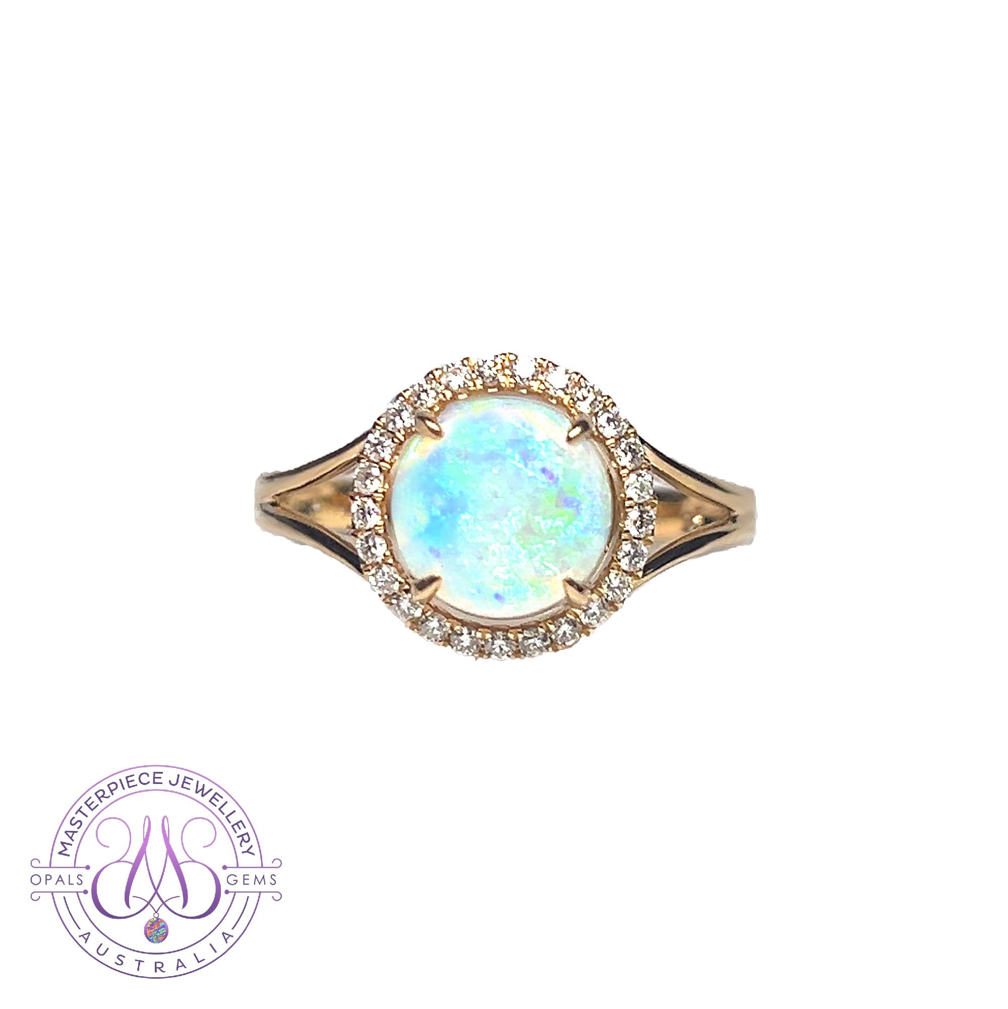 18kt Yellow Gold 1.09ct Opal engagement ring diamond cluster design 