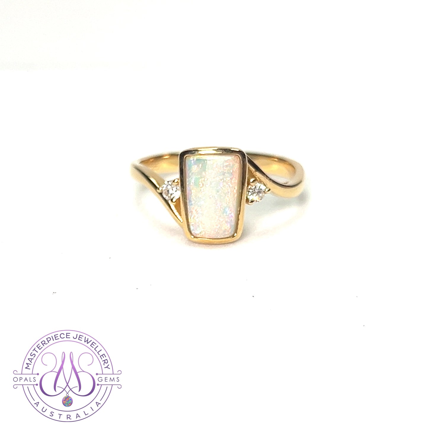 14kt Yellow Gold and rectangular White Opal and diamond ring