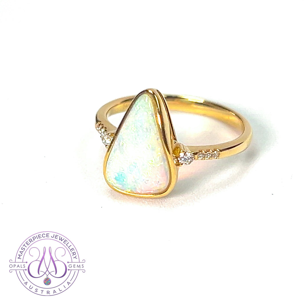 14kt Yellow Gold Crystal Opal triangular shape and diamond on shank ring