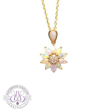 14kt Yellow Gold cluster floral pendant 0.85ct Marquise cut Opal pendant