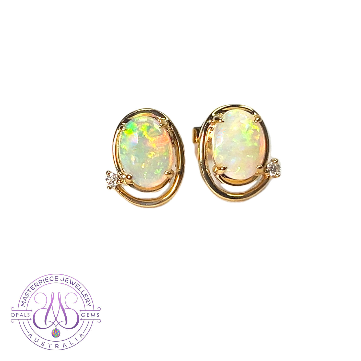 14kt Yellow Gold Oval Crystal Opal 1.48ct studs with diamonds