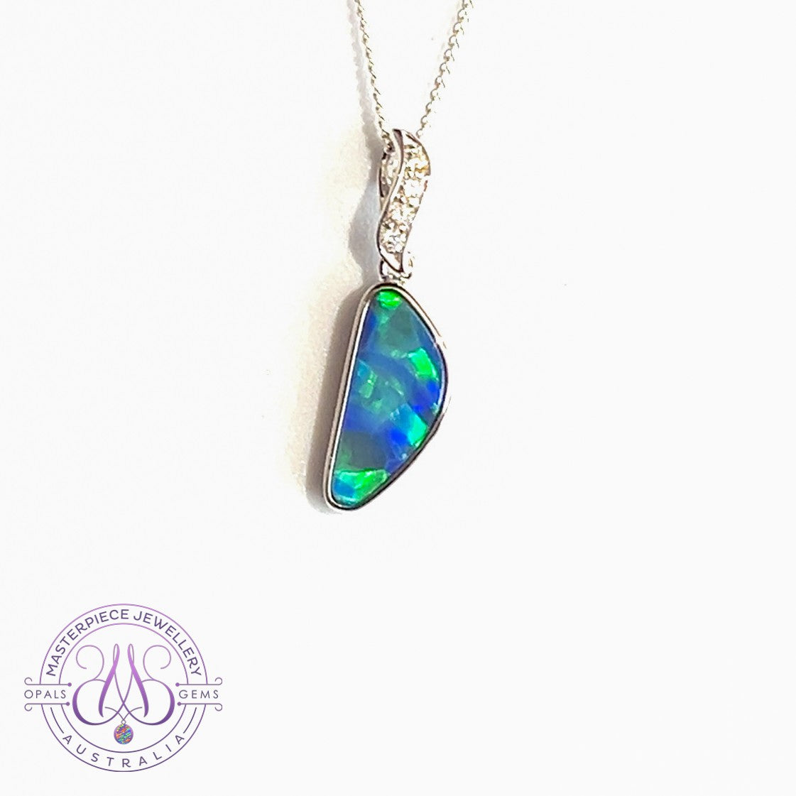 14kt White Gold triangle shape Blue Green Opal doublet and diamond pendant