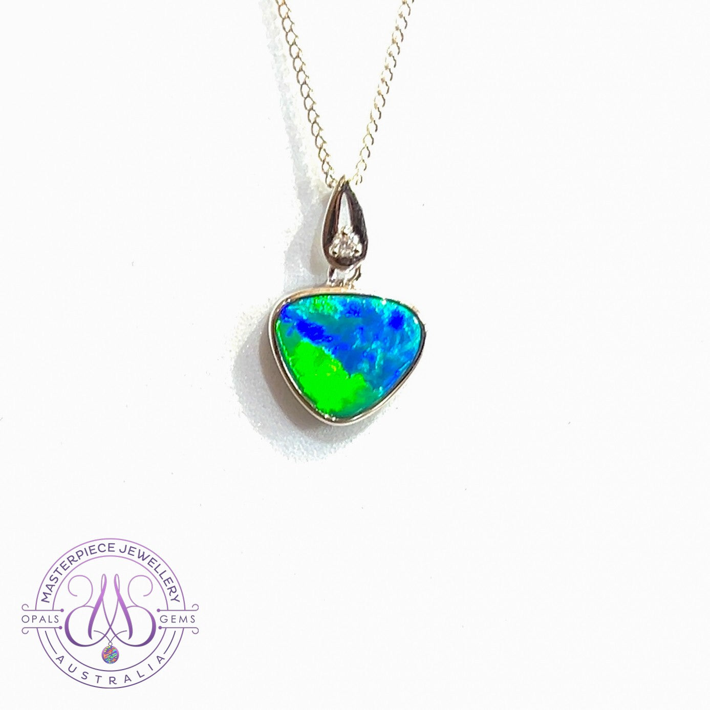 14kt White Gold triangular Blue Green Opal doublet 2.25ct pendant