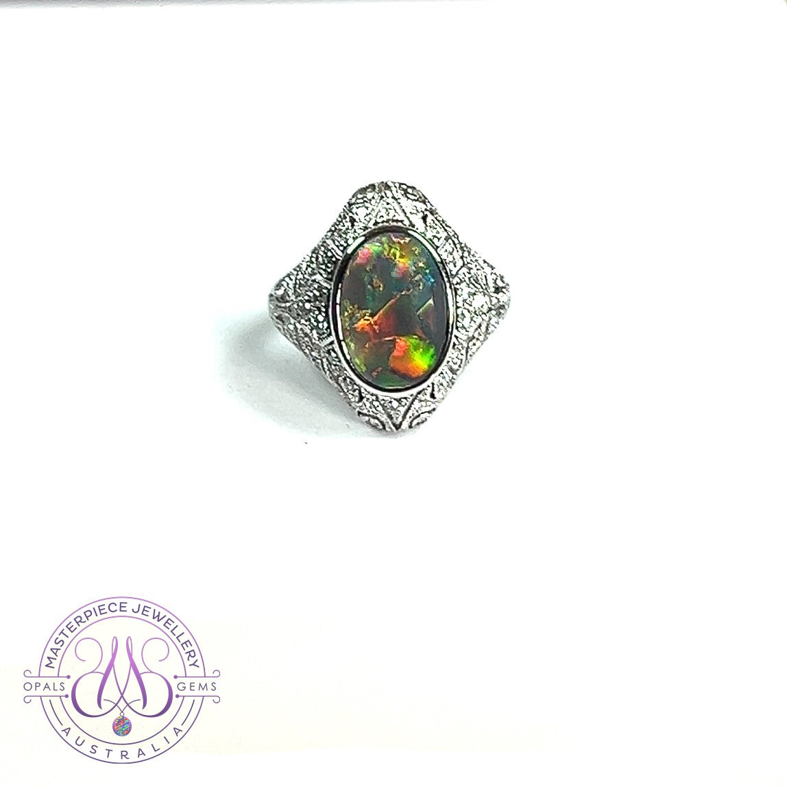 18kt White Gold Black Opal and diamond filligree style ring