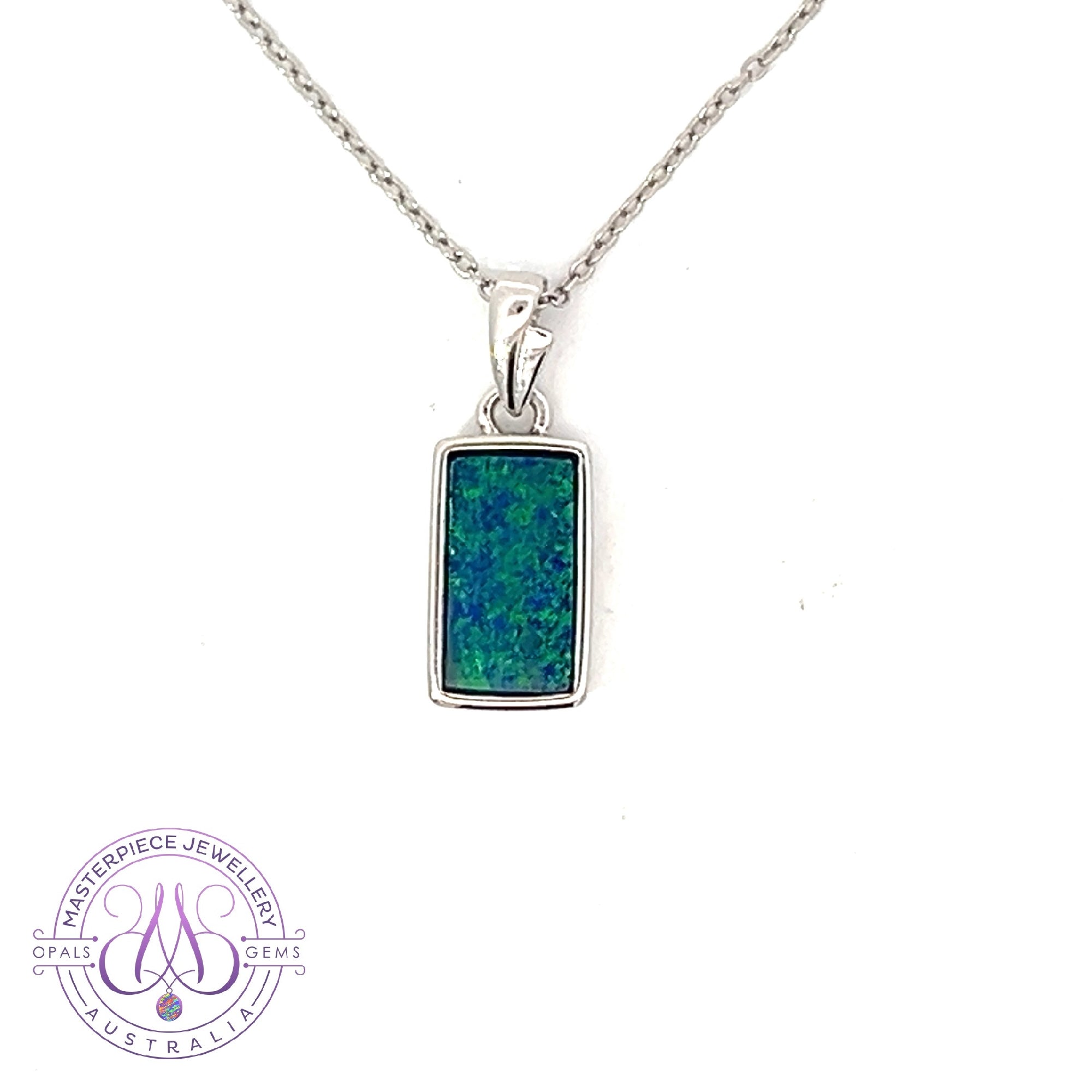 Sterling Silver Rectangle cut Opal doublet Blue Green pendant