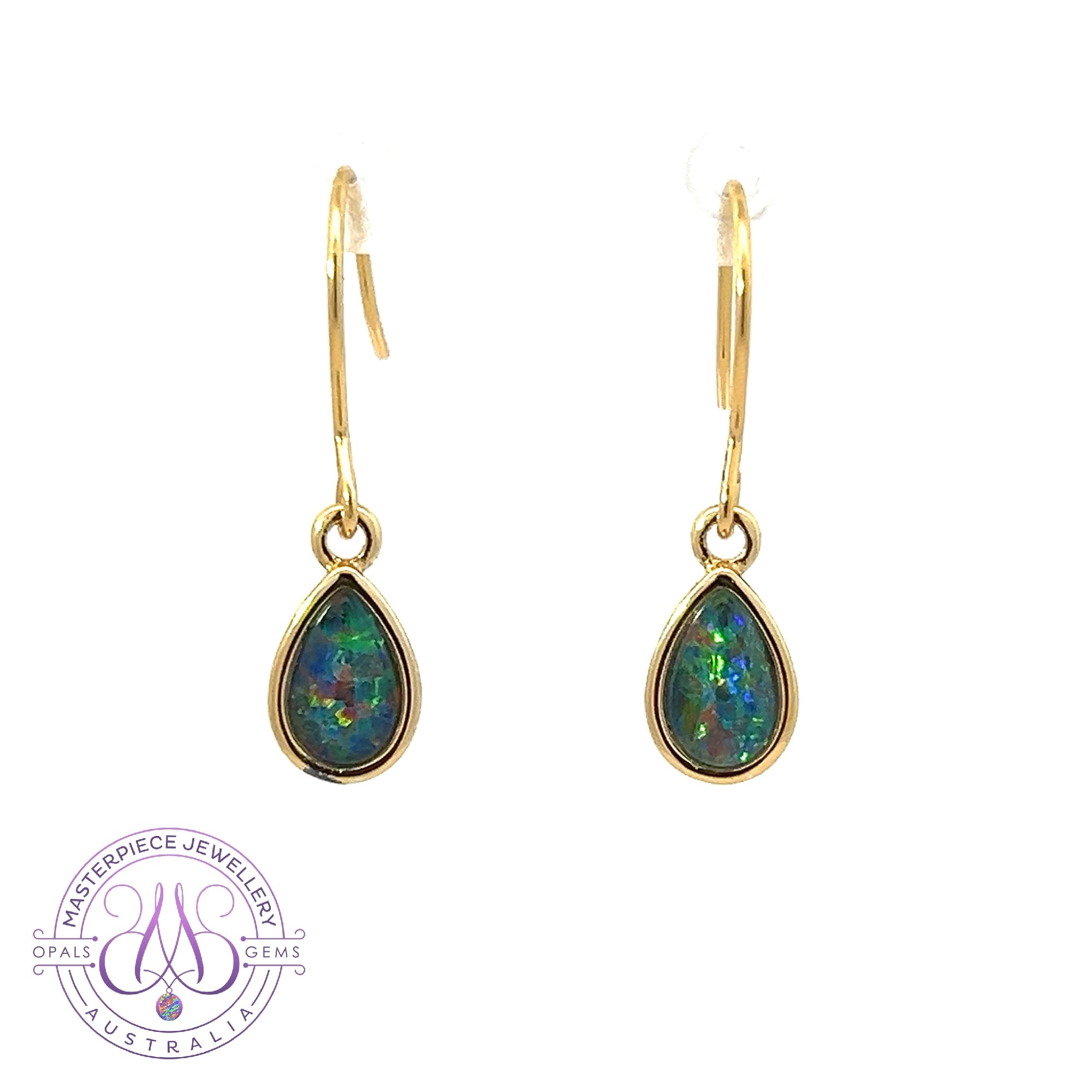 Gold Plated pear shape dangling silver earrings with Opal triplets 8x6mm