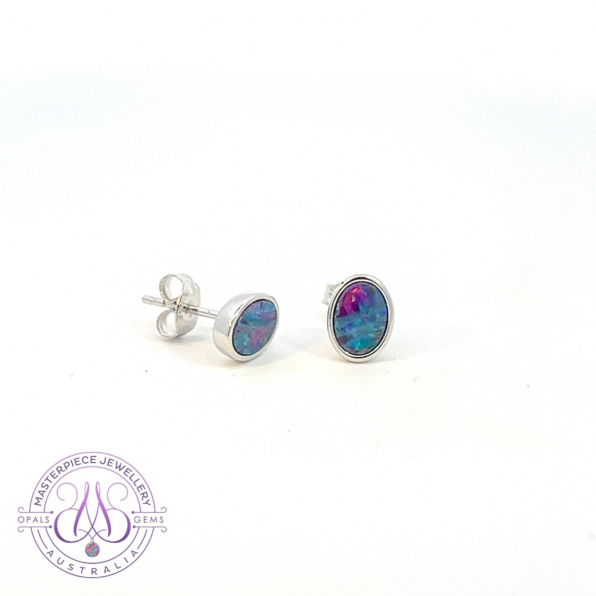 Sterling Silver Opal studs 8x6mm bezel set