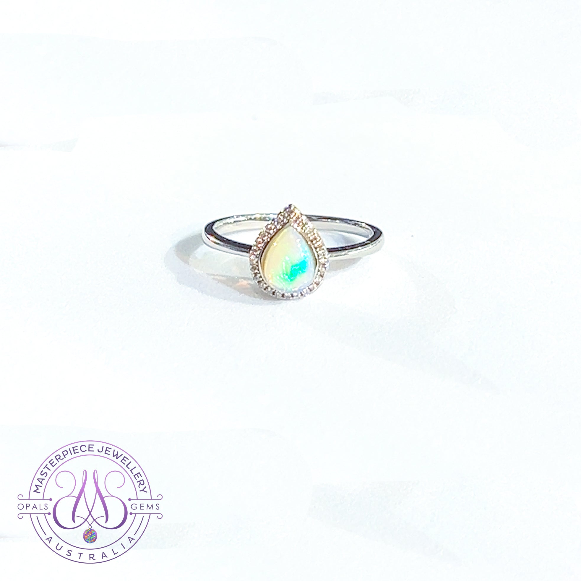 Sterling Silver Teardrop shape Opal halo ring