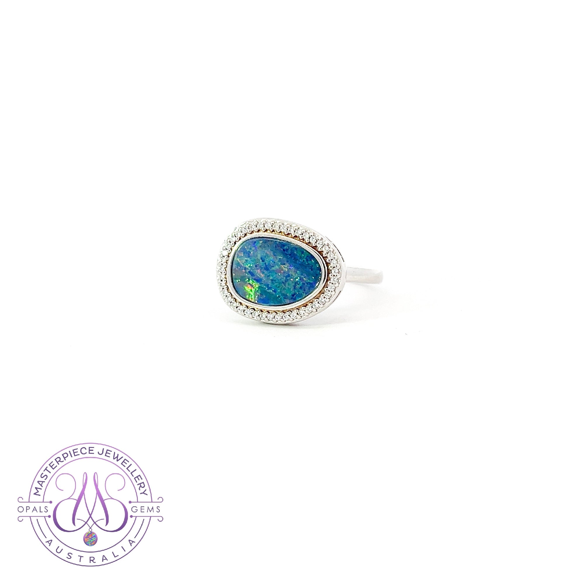 Sterling Silver Raised horizontal Opal doublet halo ring