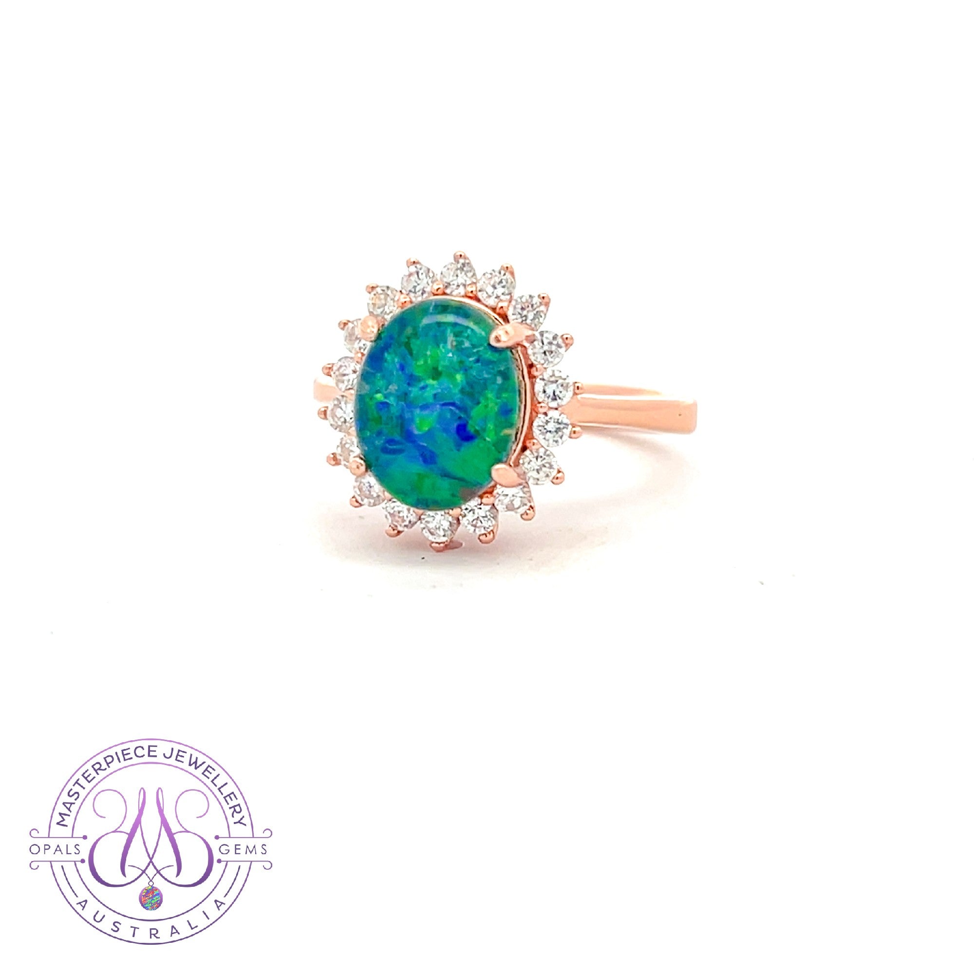 One Rose gold plated Opal triplet 10x8mm cluster ring 