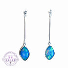 9kt White gold long Bar style dangling Opal doublet bezel set earrings