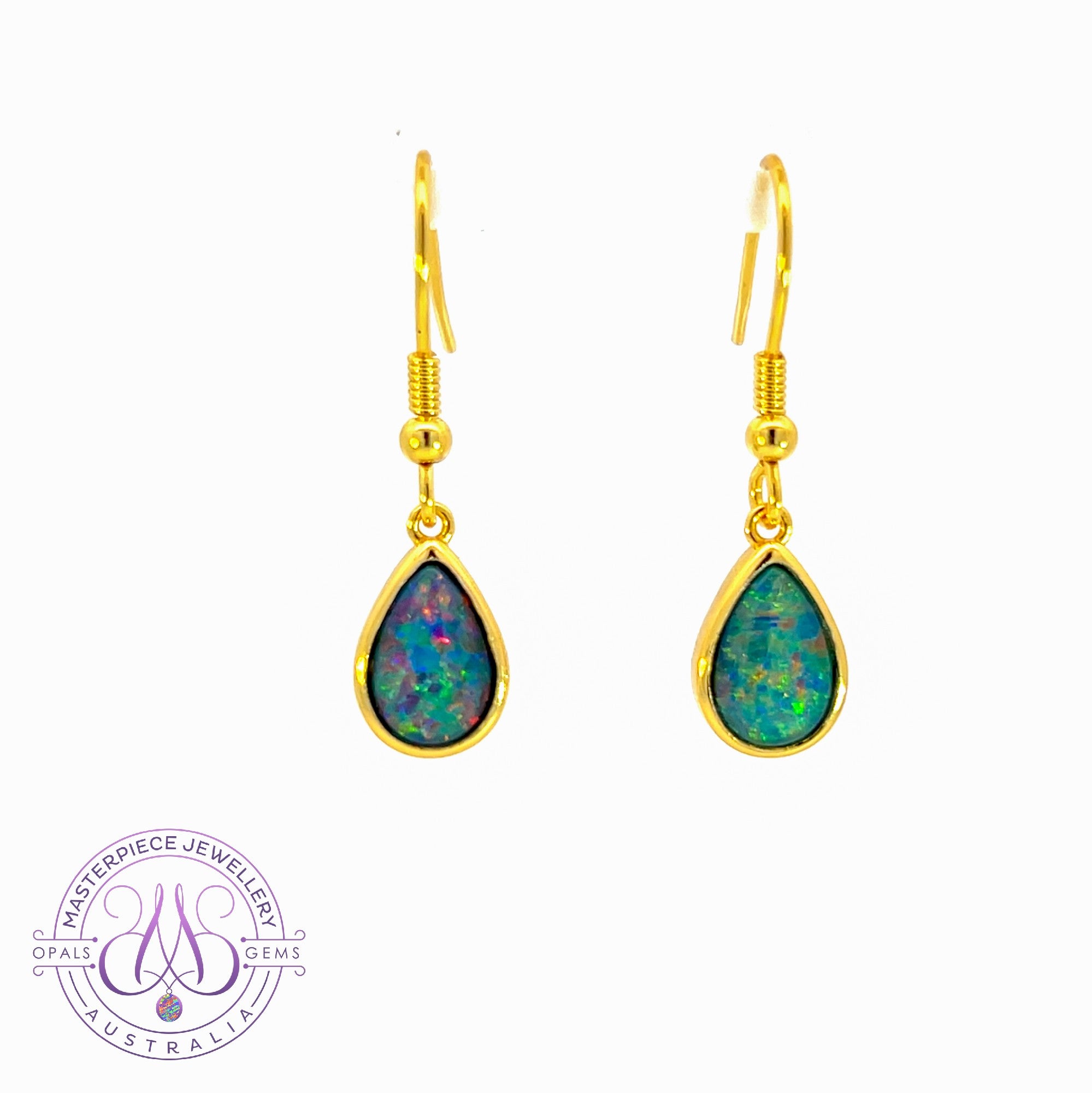 Gold Plated Silver dangling pearshape 9x7mm Opal triplet earrings dangling