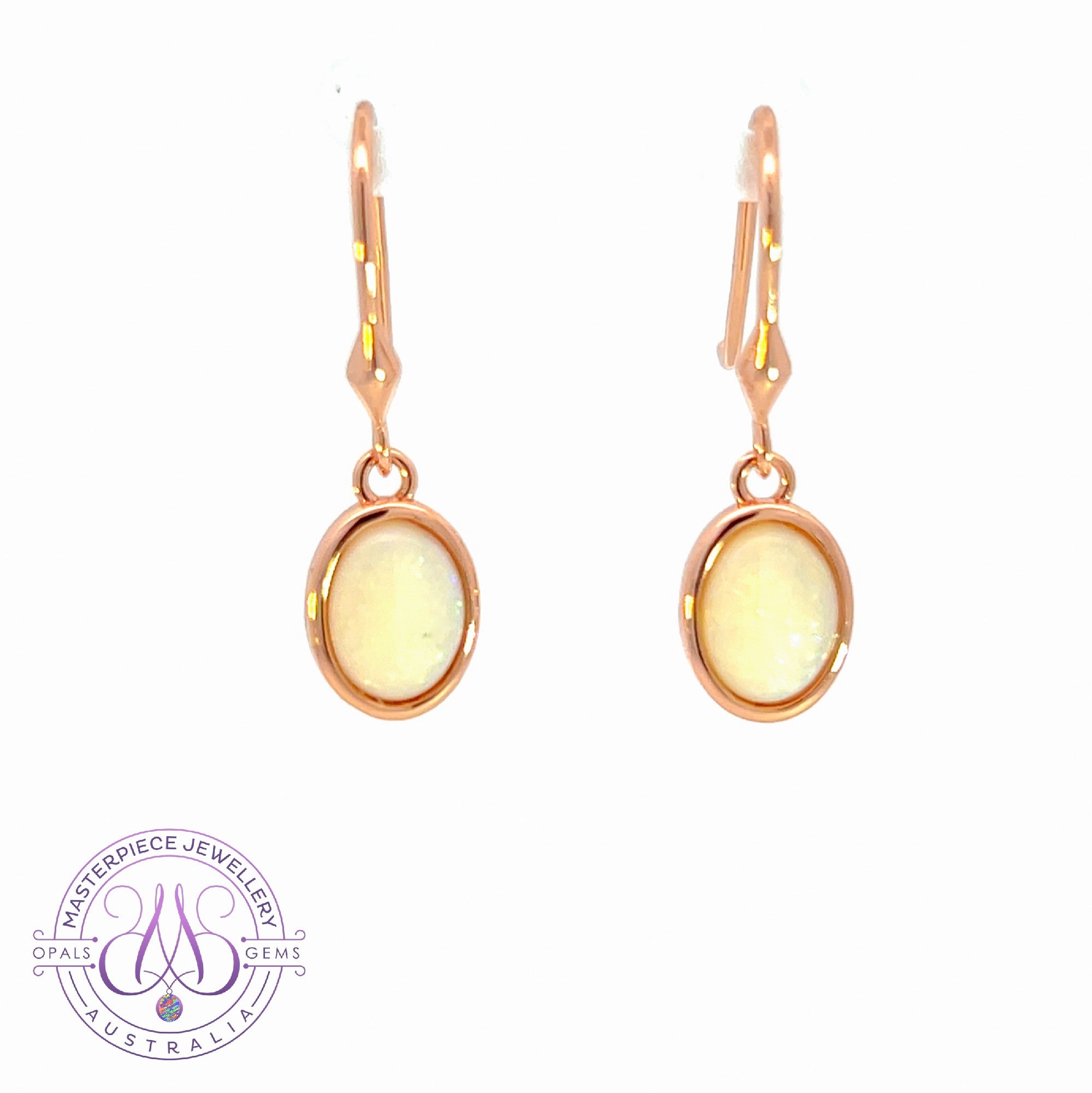 Rose Gold plated Silver danglng bezel set White Opals on hooks