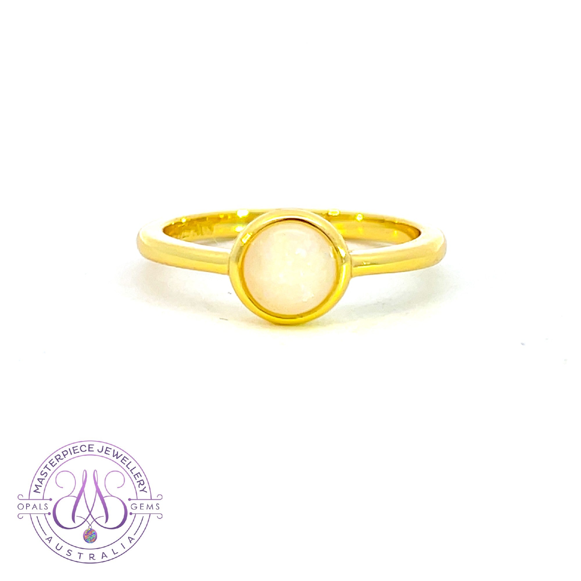 Gold Plated Silver white opal 6mm round solitaire ring