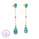 14kt Yellow Gold dangling Opal doublet Blue Green and Sapphire earrings