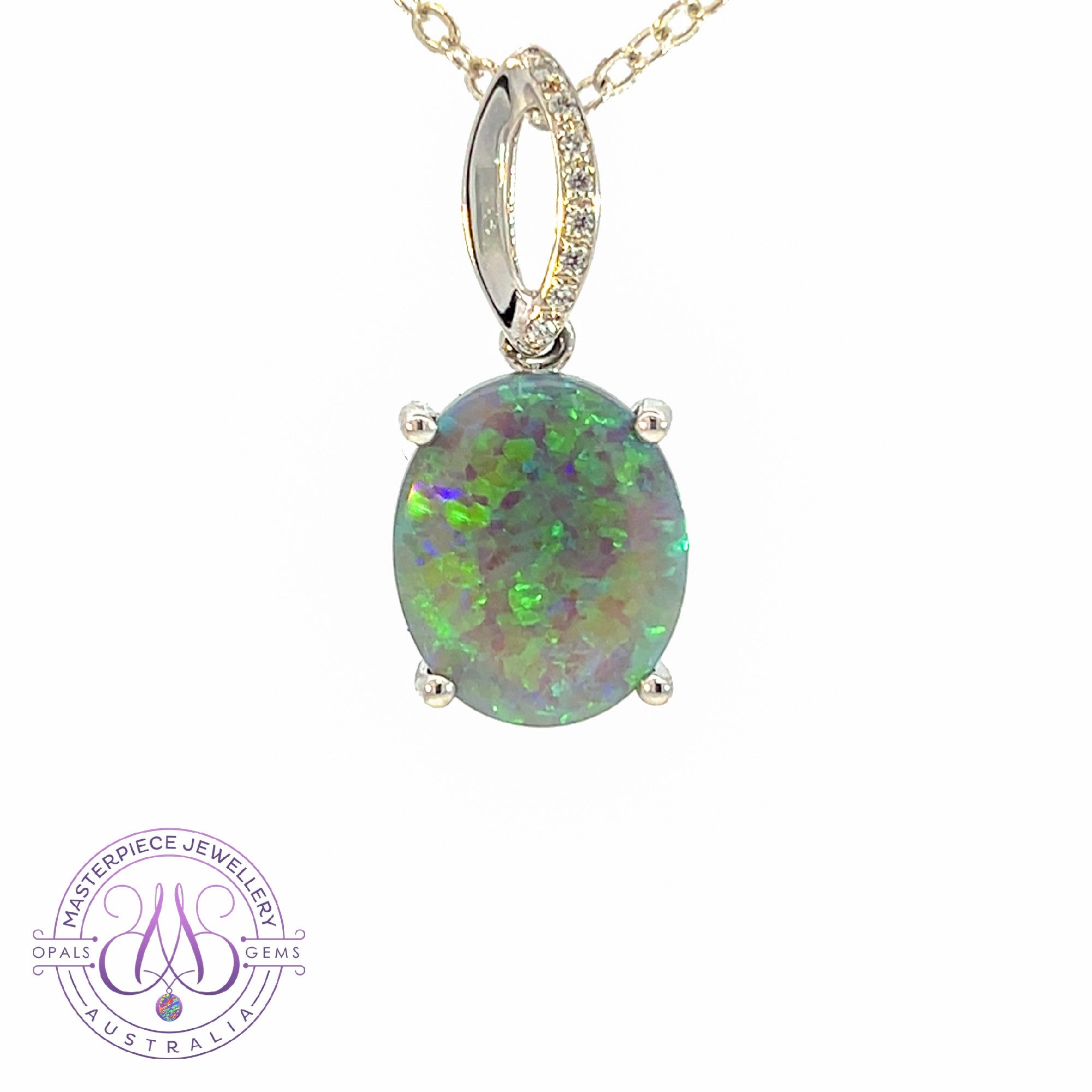 14kt White gold Black Opal 13x10.9mm Pendant with diamonds