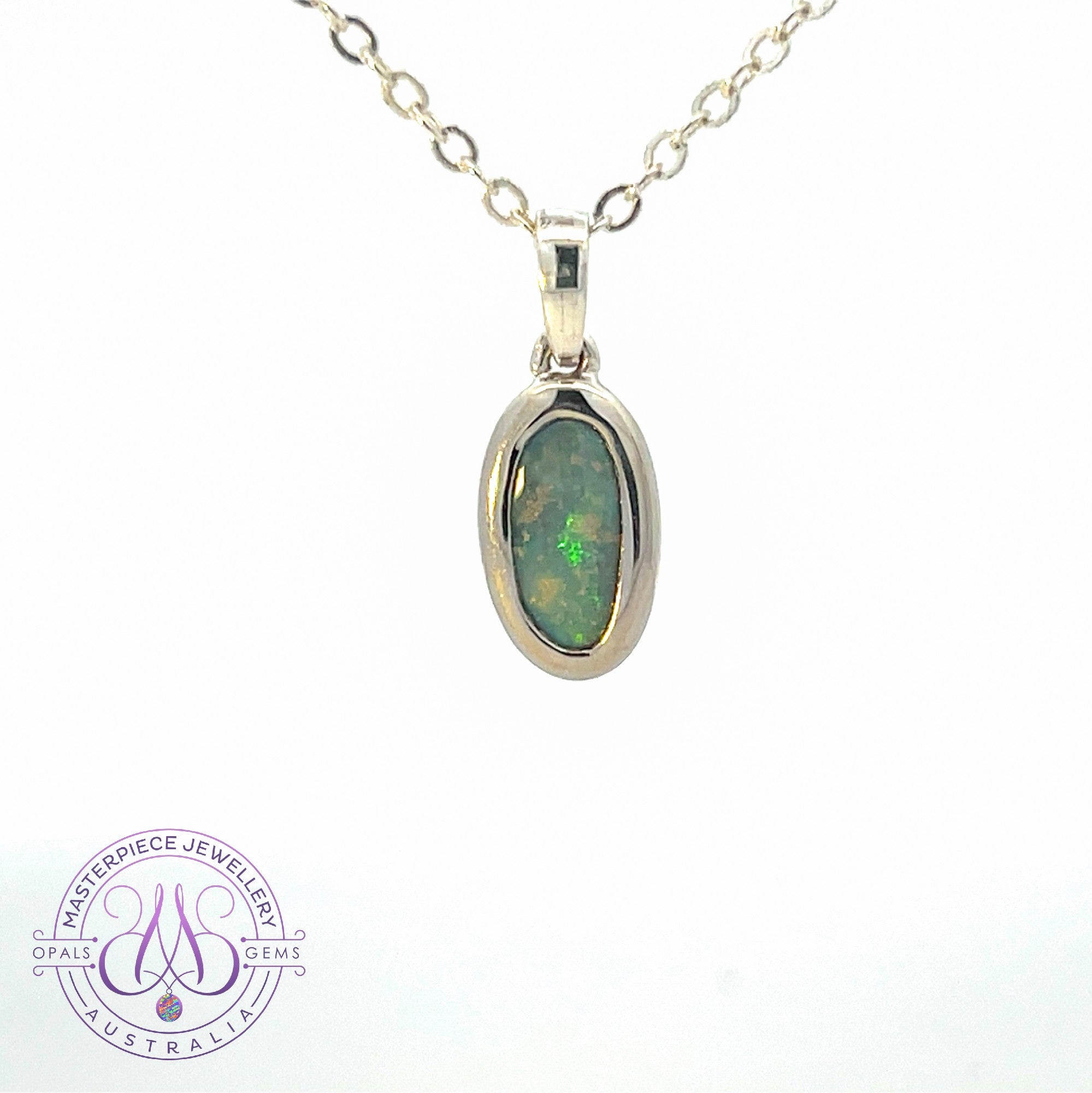 Sterling Silver Oval boulder Opal Green flashes bezel pendant