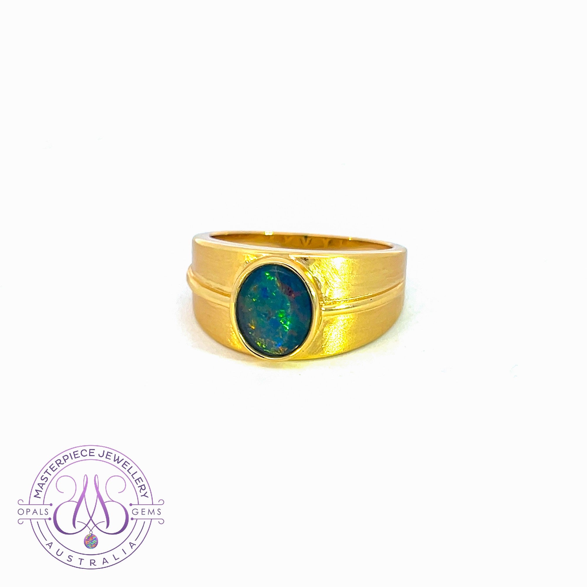 Gold plated Sterling Silver 11x9mm Opal triplet matte finish graduating broad ring 