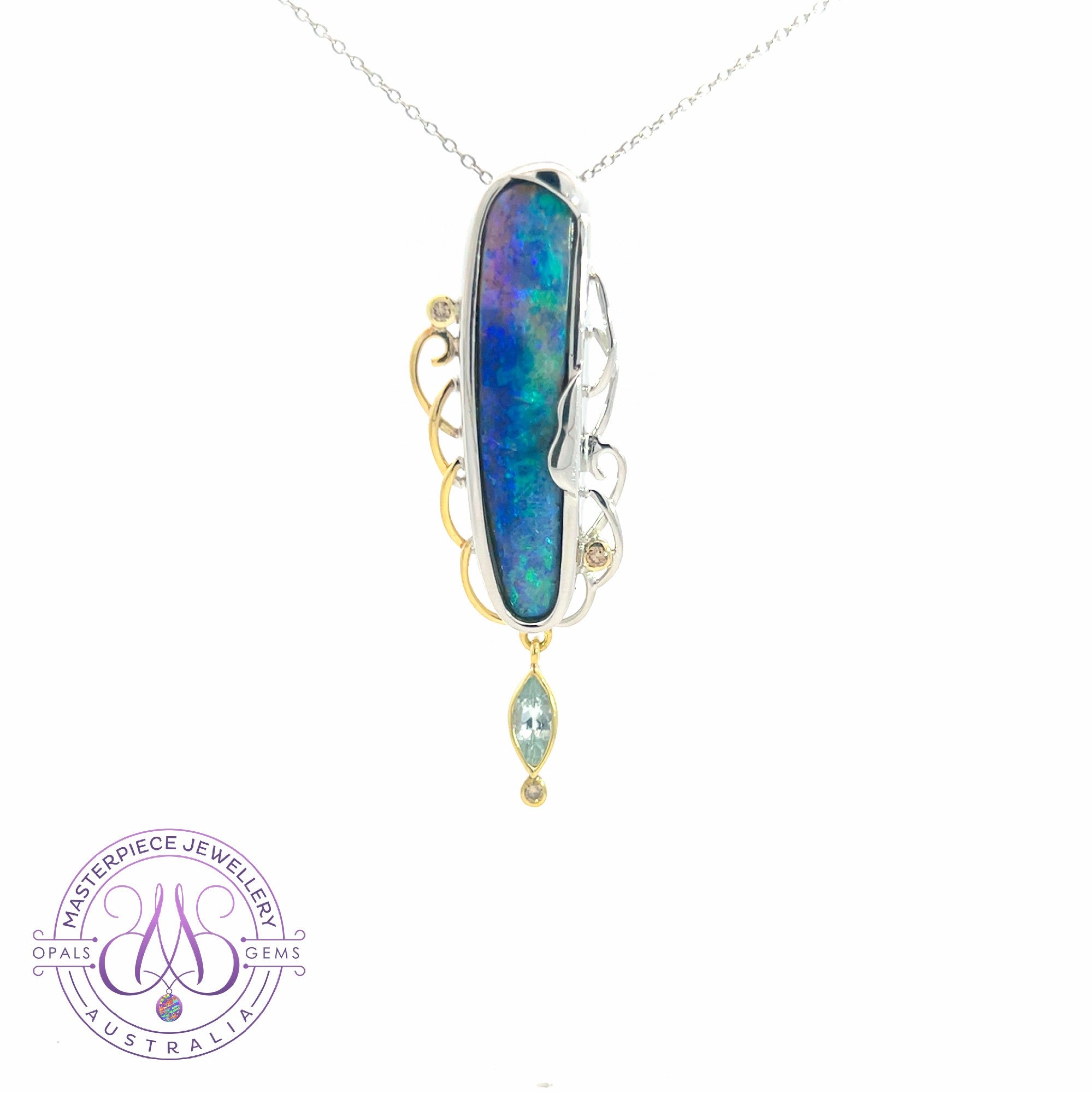 18kt White Gold and Yellow Gold Boulder Opal pendant with Aquamarine and diamonds