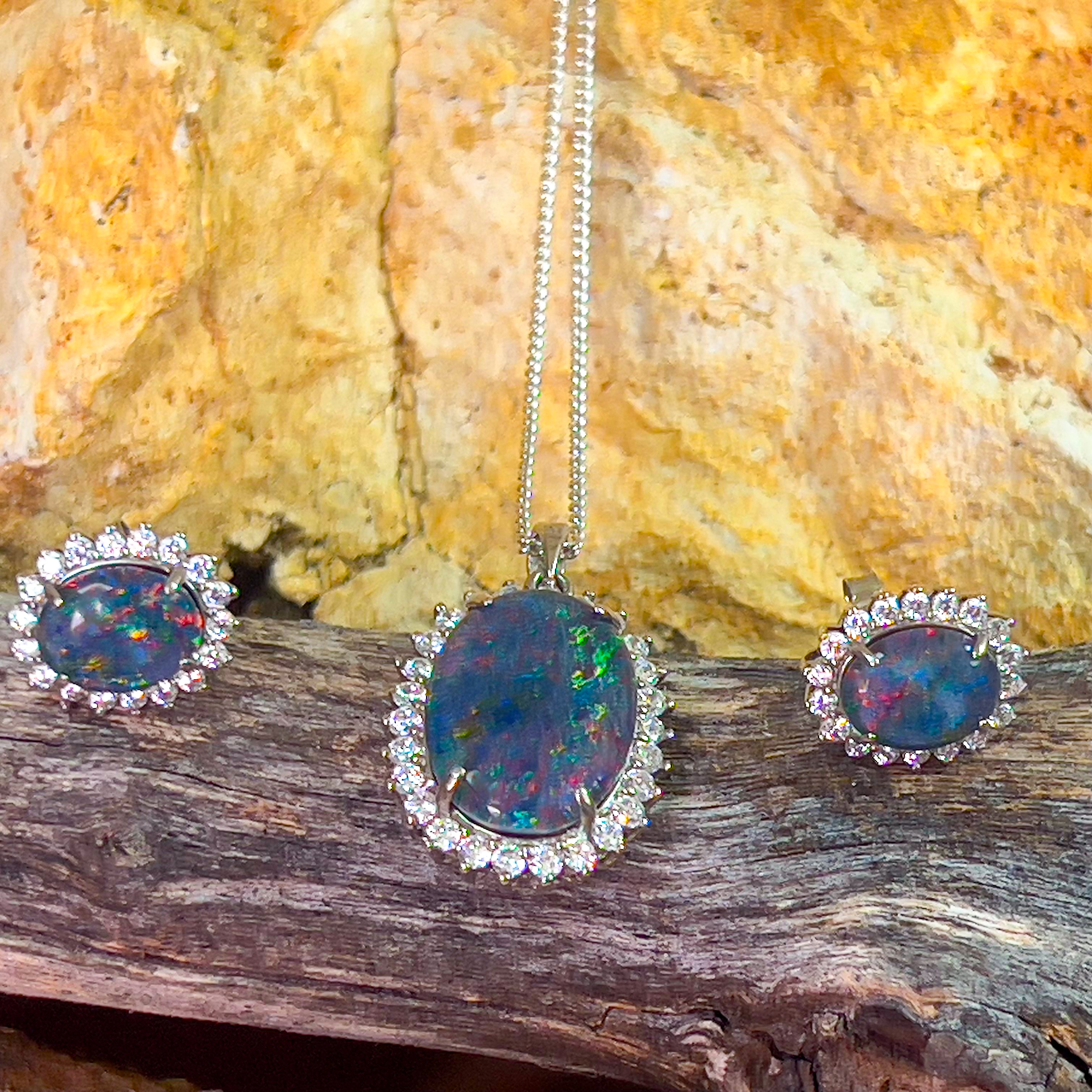 Sterling Silver Opal triplet cluster pendant and earrings set - Masterpiece Jewellery Opal & Gems Sydney Australia | Online Shop