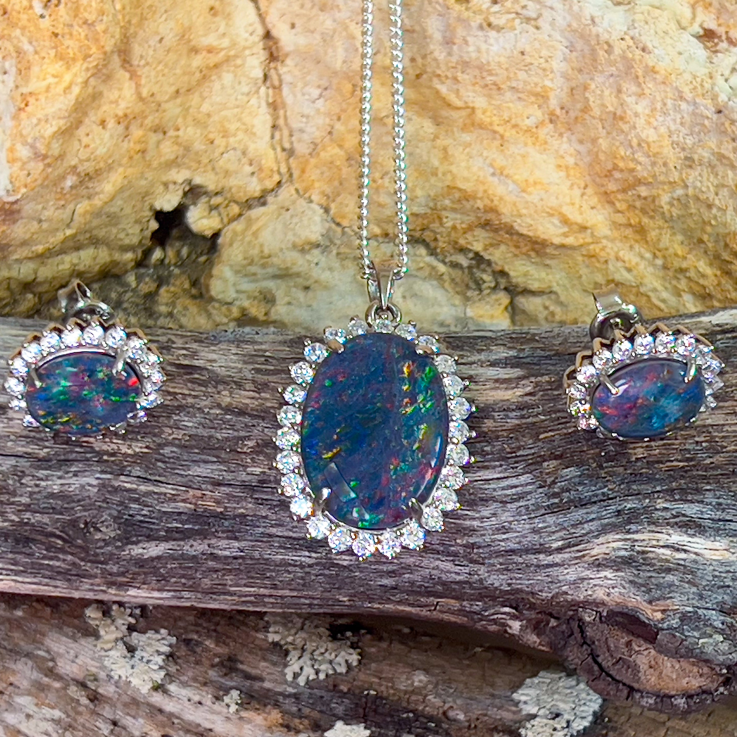 Sterling Silver Opal triplet cluster pendant and earrings set - Masterpiece Jewellery Opal & Gems Sydney Australia | Online Shop