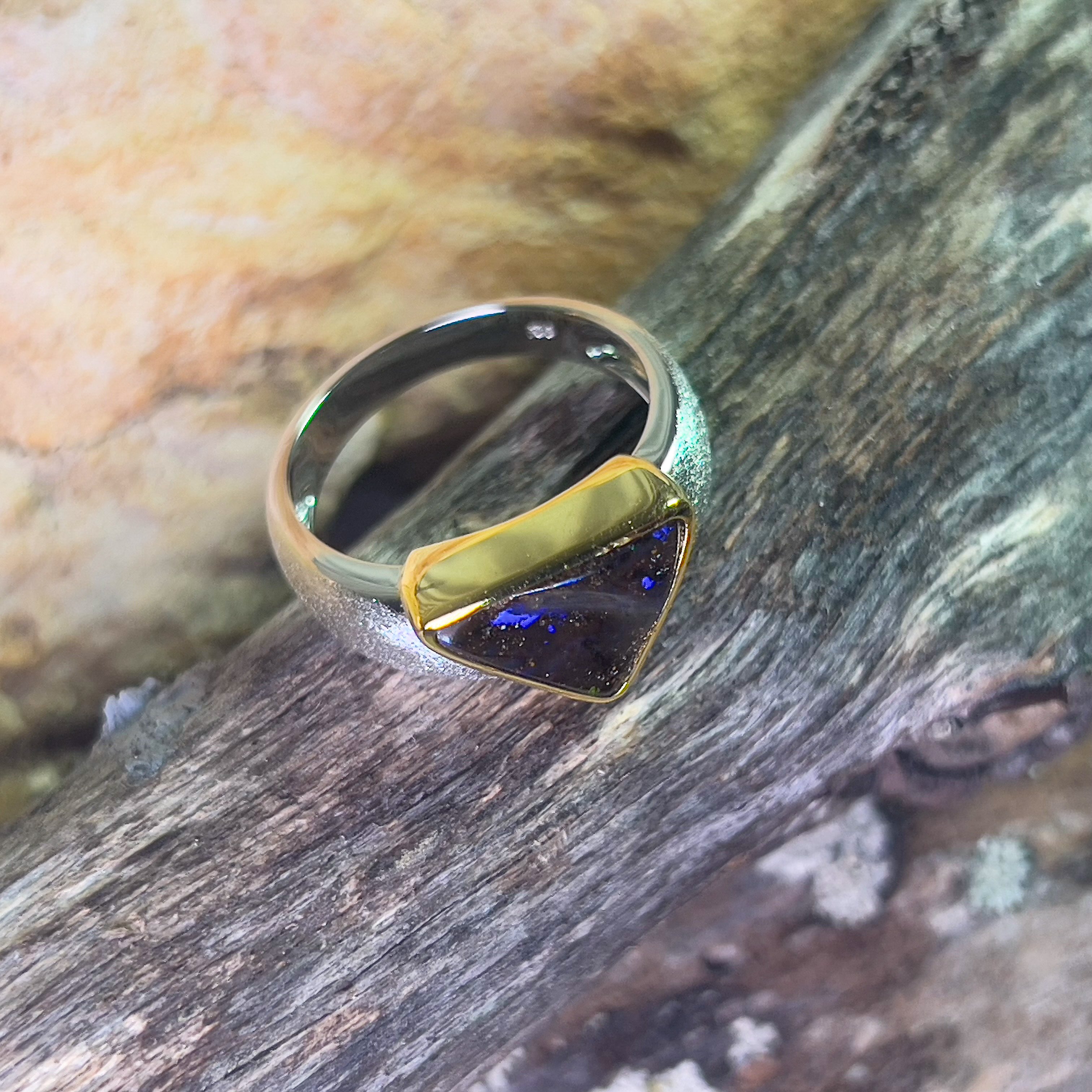 Sterling Silver matte and gold plated Boulder Opal 2.8ct ring - Masterpiece Jewellery Opal & Gems Sydney Australia | Online Shop