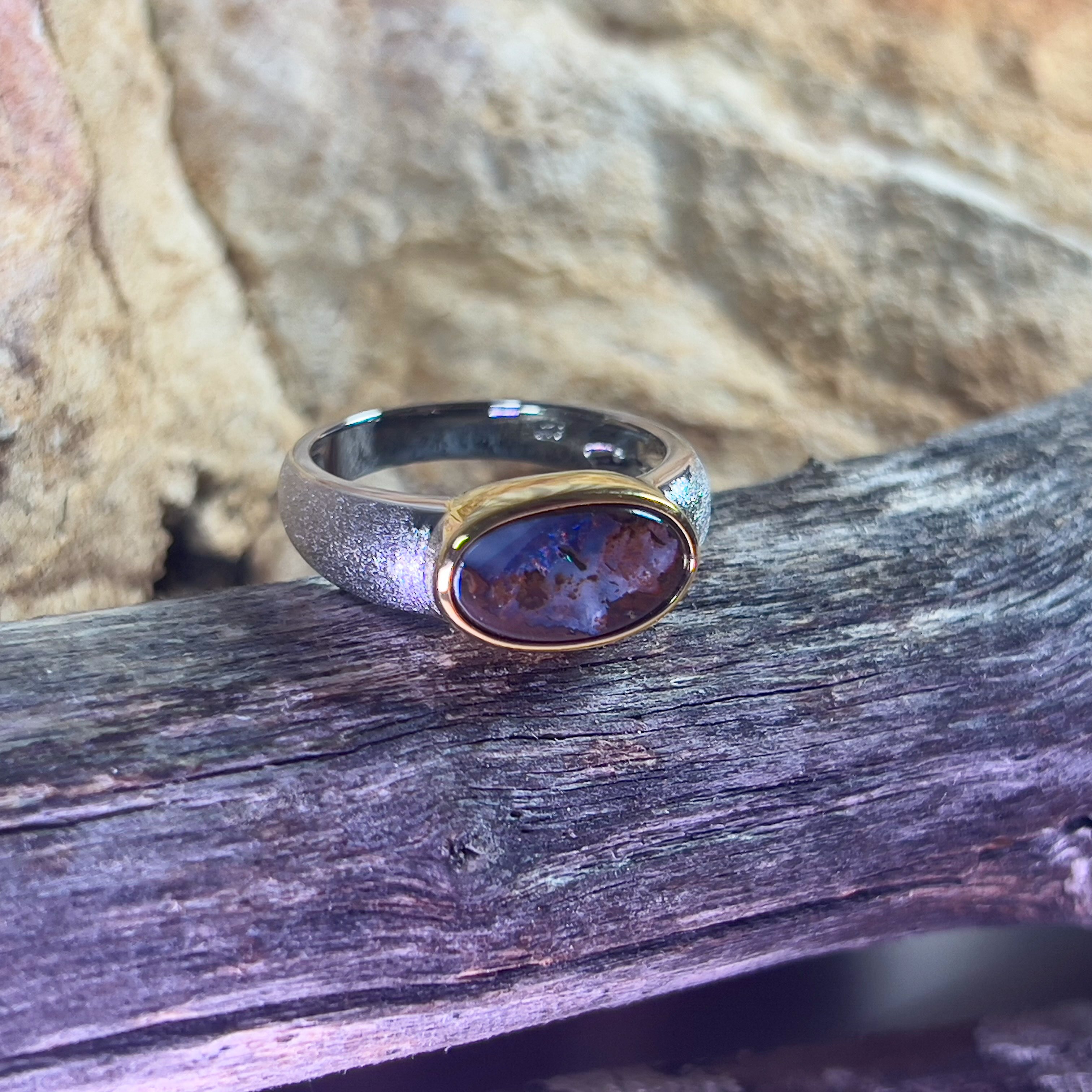 One Sterling Silver matte and gold plate Boulder Opal 2.6ct - Masterpiece Jewellery Opal & Gems Sydney Australia | Online Shop