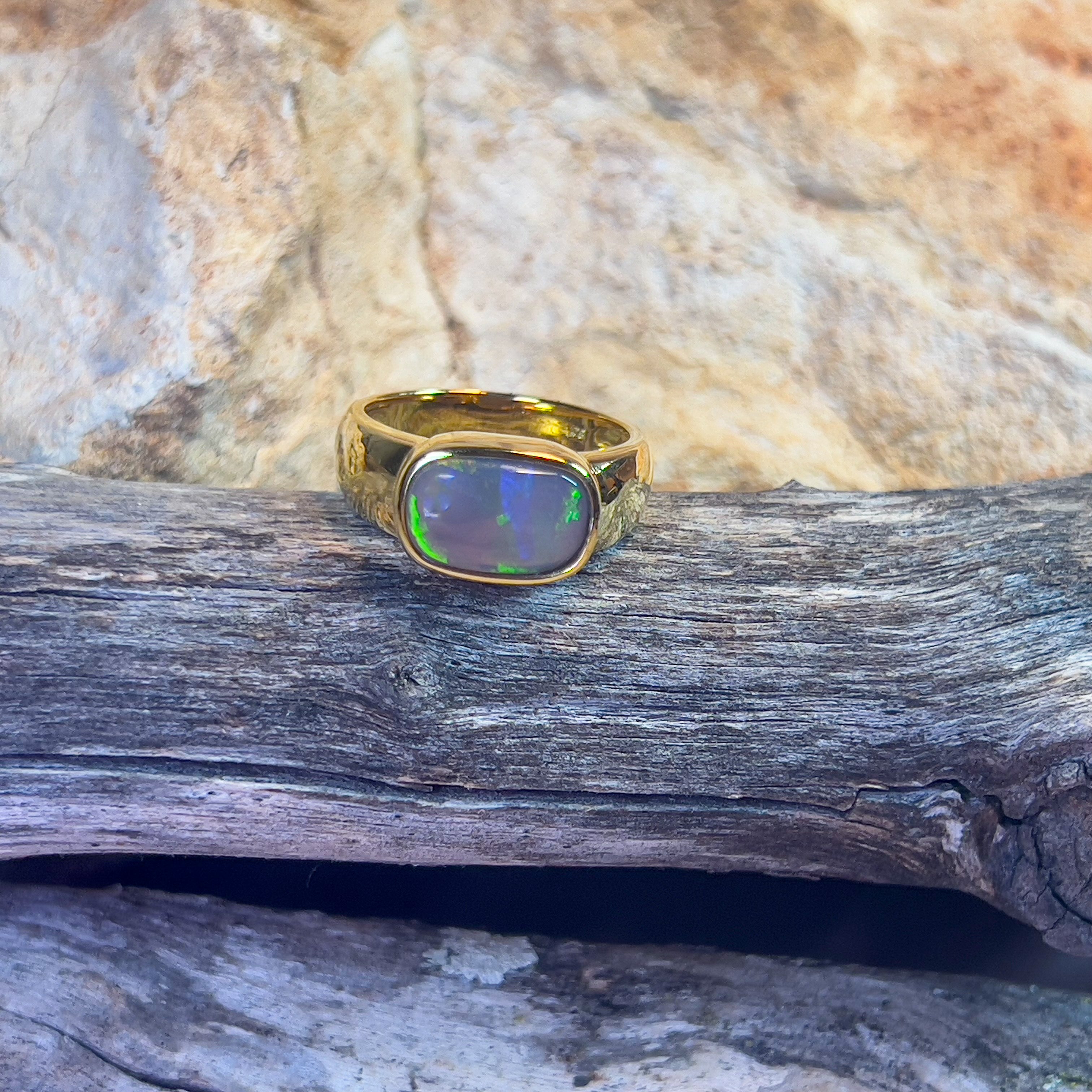 Gold plated Sterling Silver rectangular Black Opal 2.4ct ring - Masterpiece Jewellery Opal & Gems Sydney Australia | Online Shop