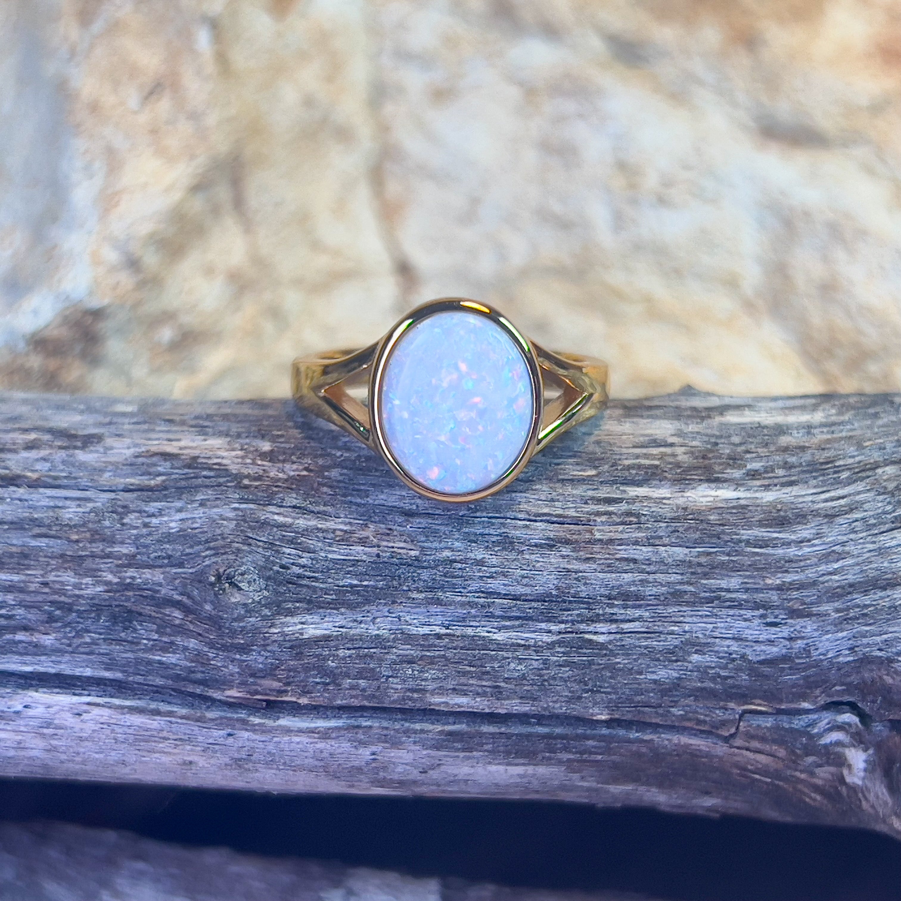 Gold plated Sterling Silver bezel set 1.35ct White Opal ring split shank - Masterpiece Jewellery Opal & Gems Sydney Australia | Online Shop