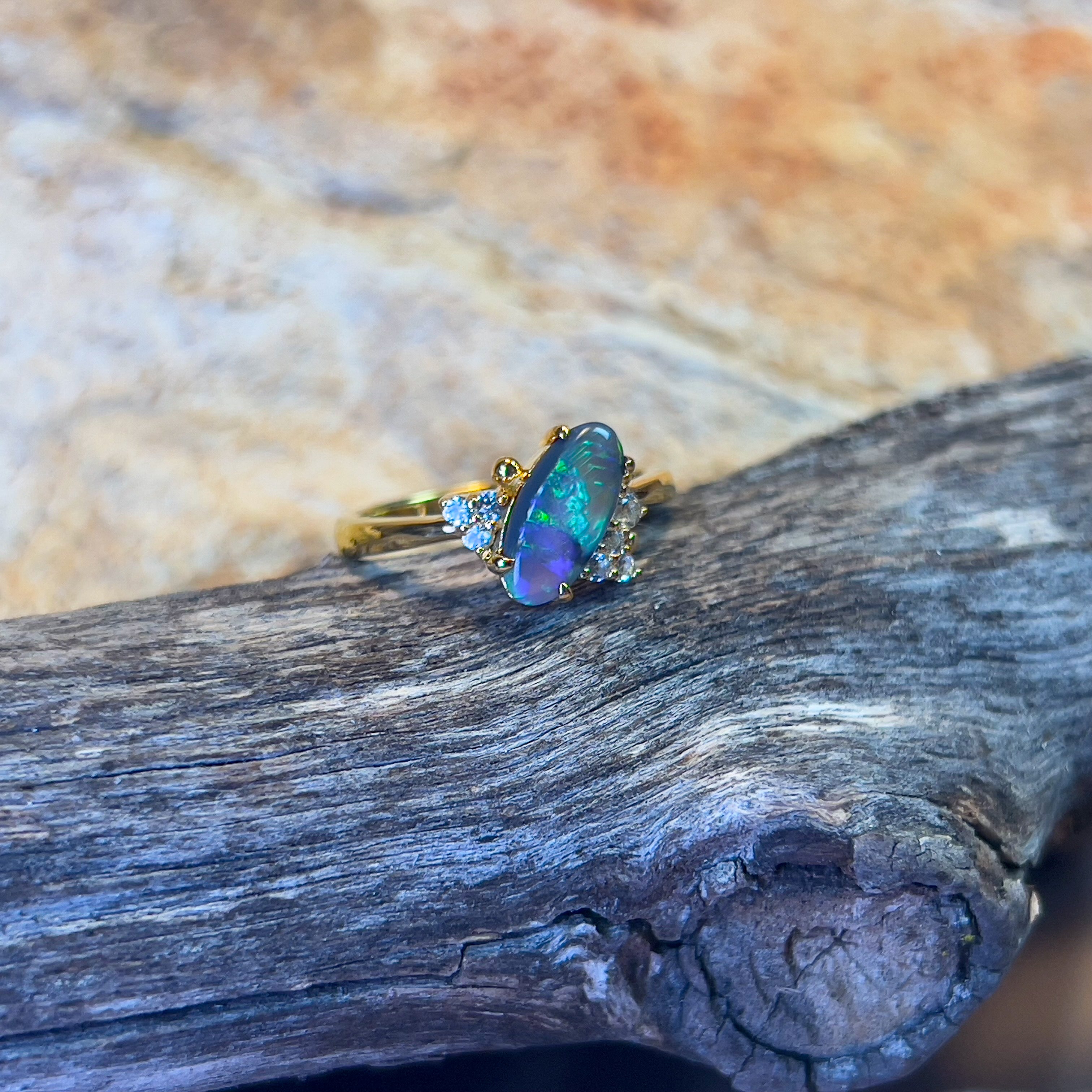 Gold Plated sterling silver slanted Black Opal 0.71ct and cubic zirconia ring - Masterpiece Jewellery Opal & Gems Sydney Australia | Online Shop