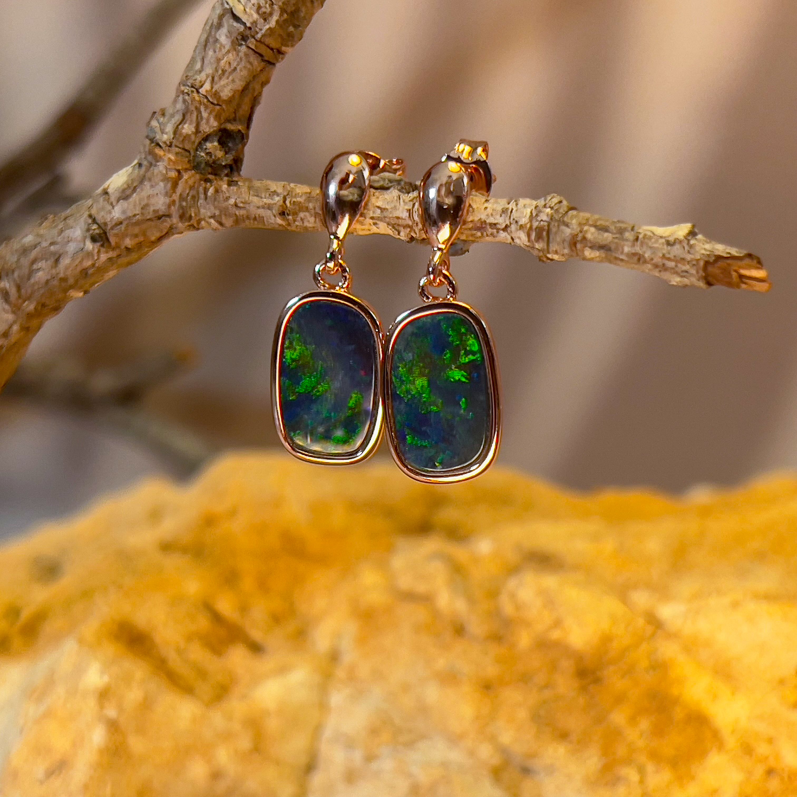 Rose Gold plated sterling silver rectangular shape dangling Opal doublet earrings - Masterpiece Jewellery Opal & Gems Sydney Australia | Online Shop