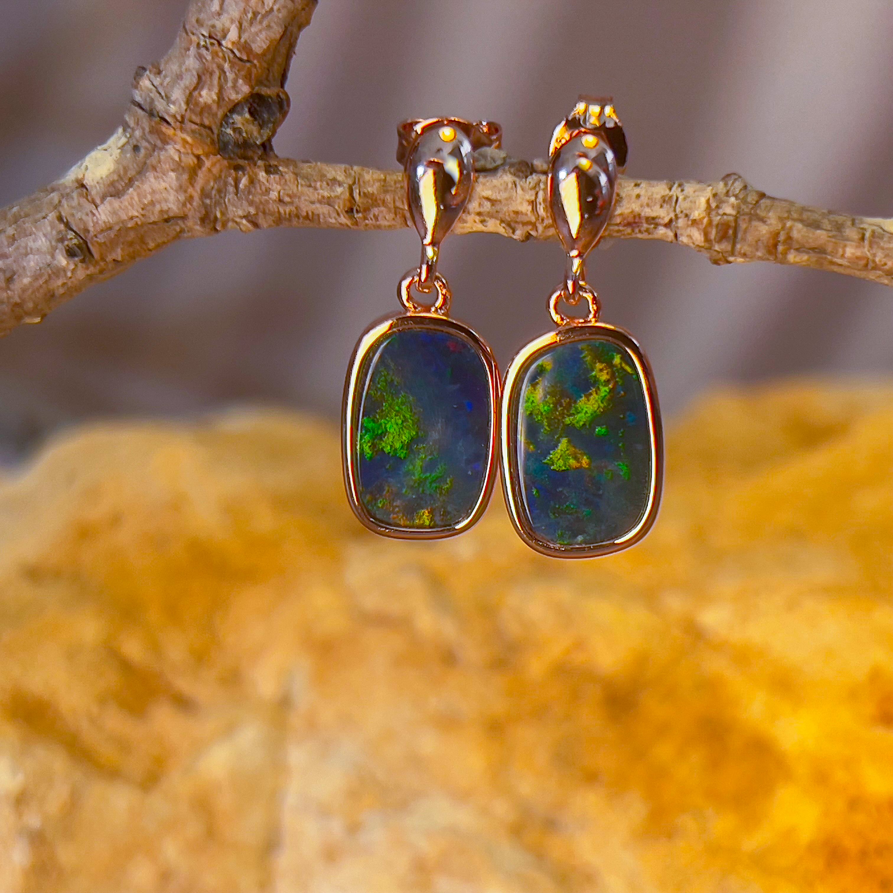 Rose Gold plated sterling silver rectangular shape dangling Opal doublet earrings - Masterpiece Jewellery Opal & Gems Sydney Australia | Online Shop