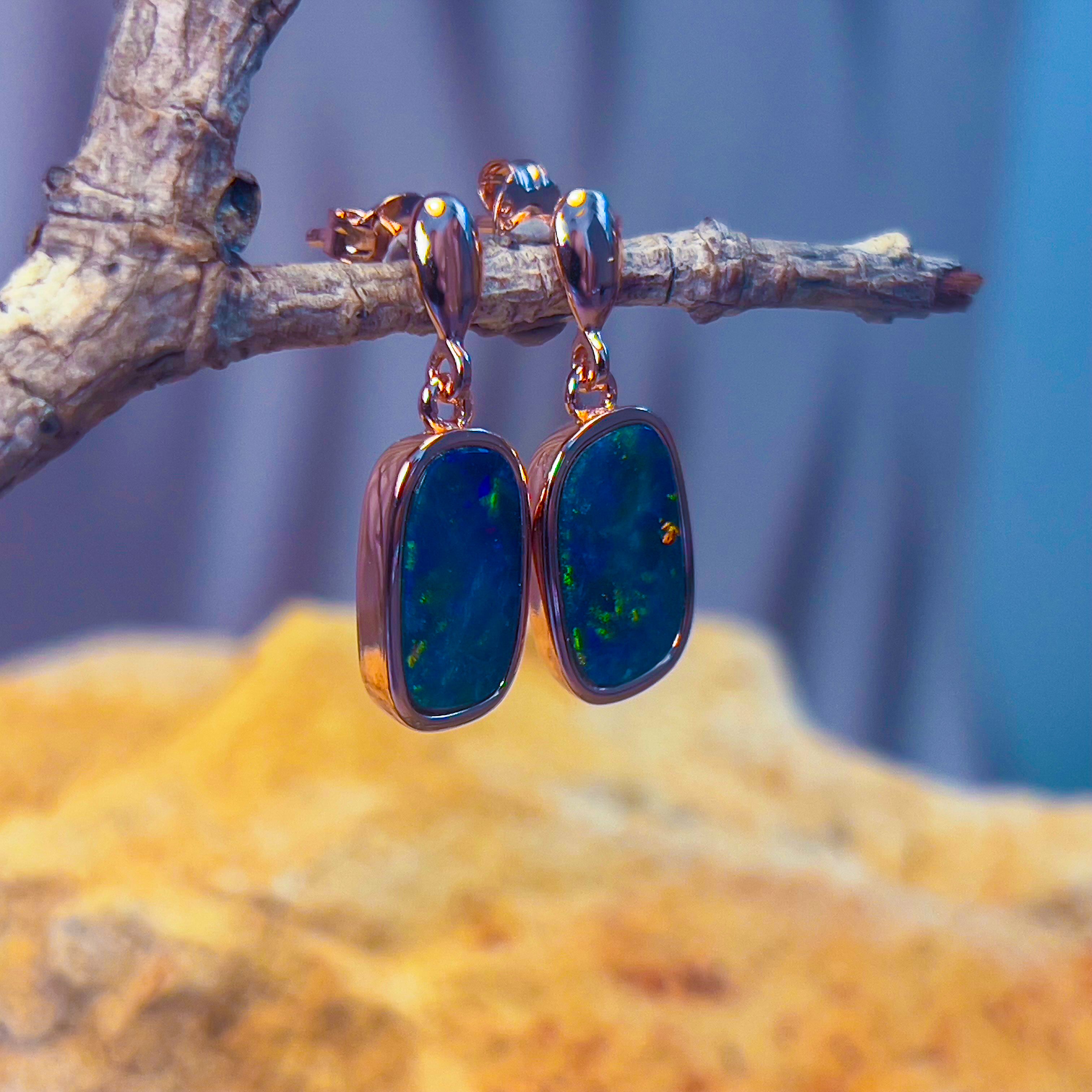 Rose Gold plated sterling silver rectangular shape dangling Opal doublet earrings - Masterpiece Jewellery Opal & Gems Sydney Australia | Online Shop