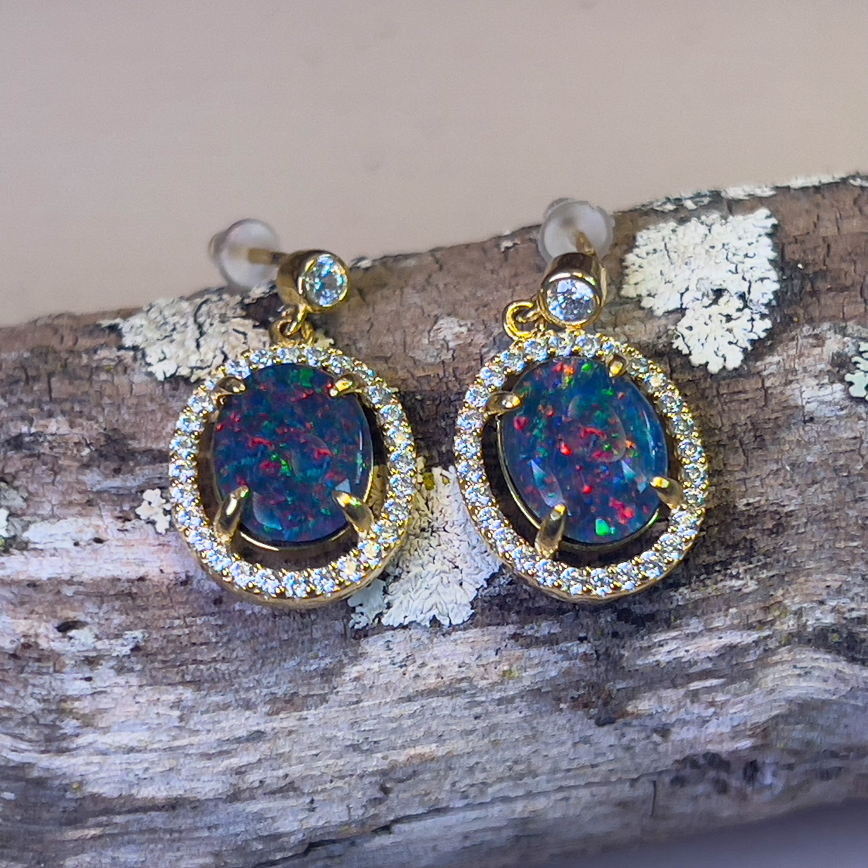Dazzling Opal Drop Earrings - Gold Plated Sterling Silver Opal Triplet dangle earrings - Masterpiece Jewellery Opal & Gems Sydney Australia | Online Shop