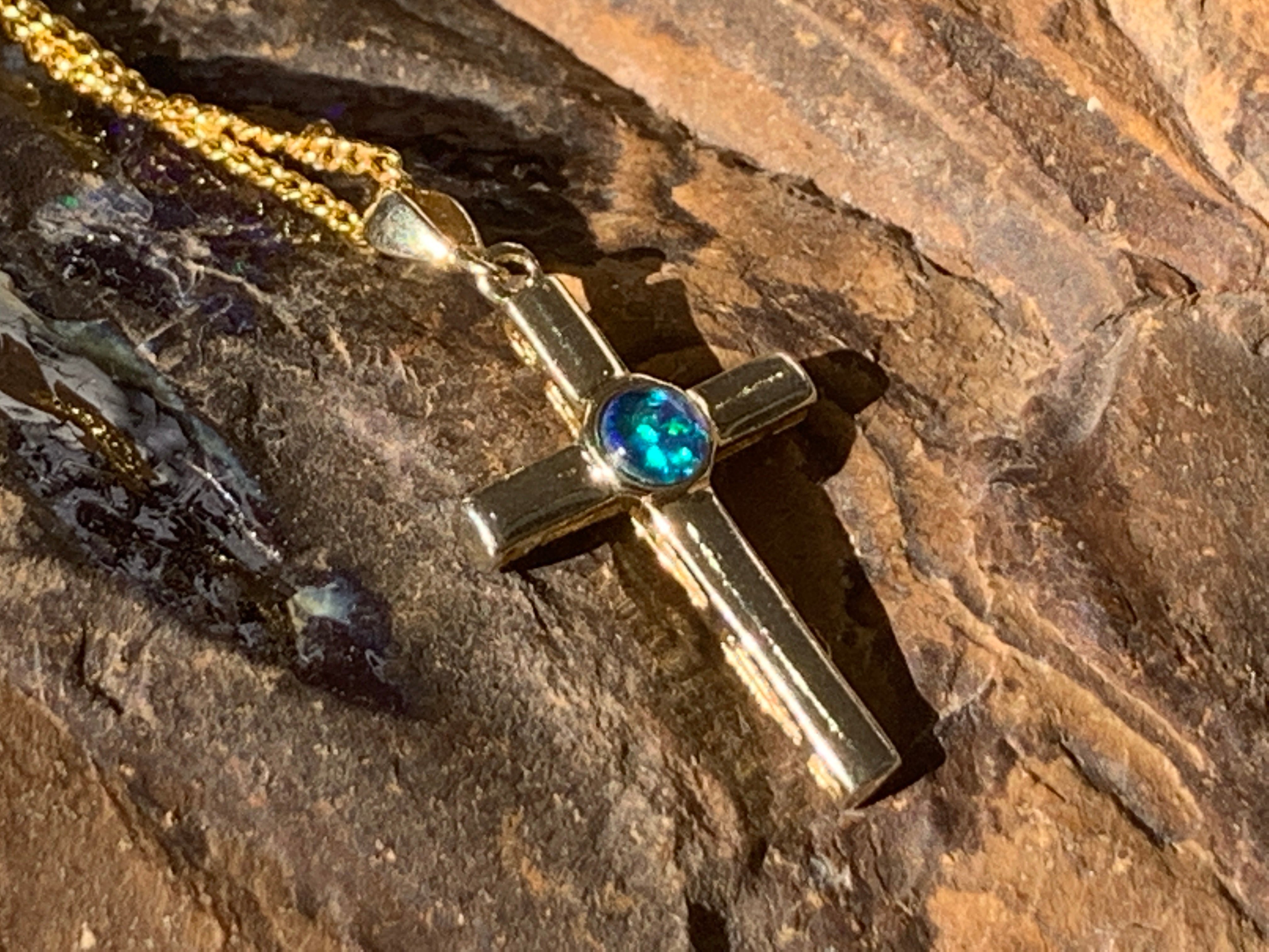 Sterling Silver Gold plated cross with 5mm Opal triplet - Masterpiece Jewellery Opal & Gems Sydney Australia | Online Shop