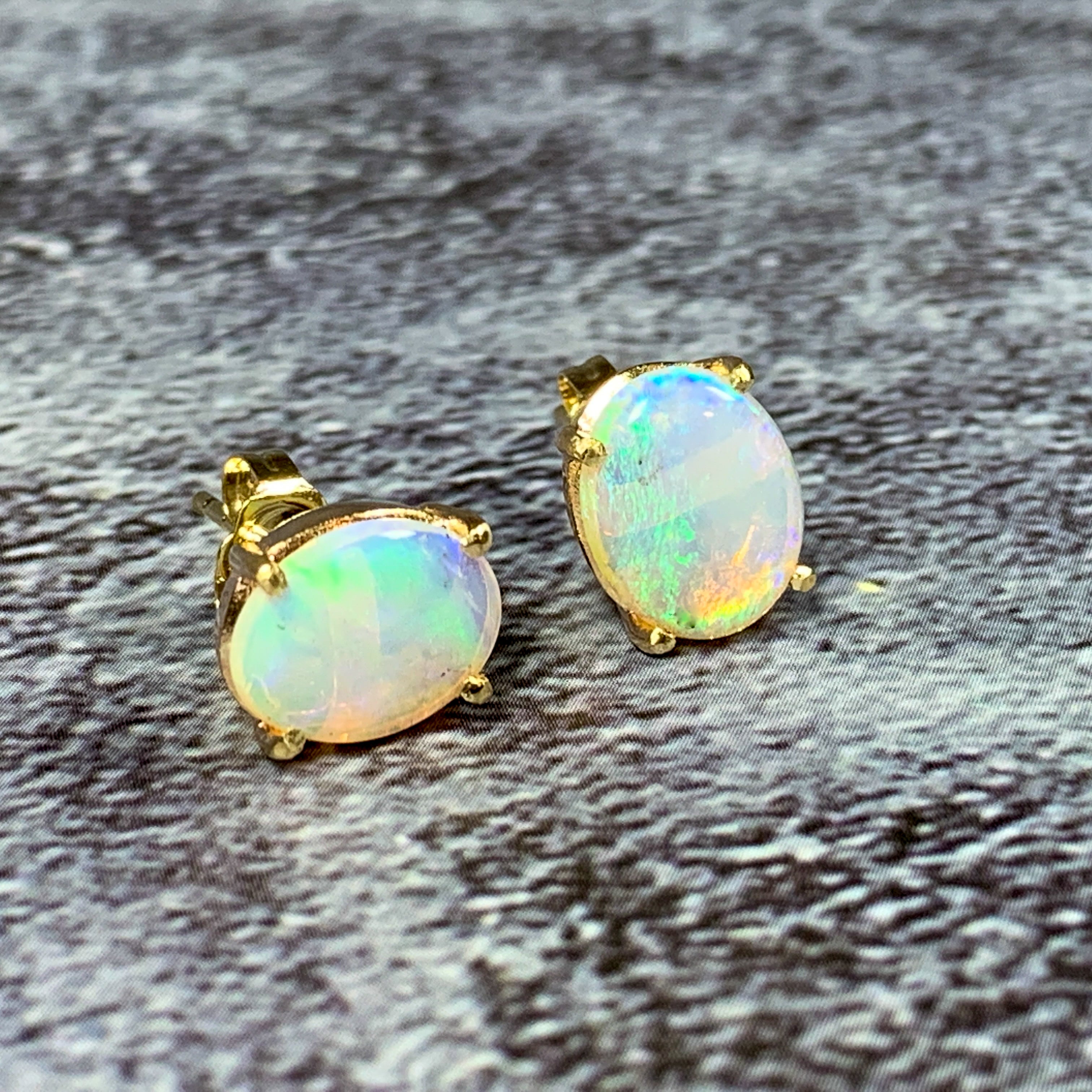 9kt Yellow Gold studs set with two 10x8mm Light Opals claw set 3ct - Masterpiece Jewellery Opal & Gems Sydney Australia | Online Shop