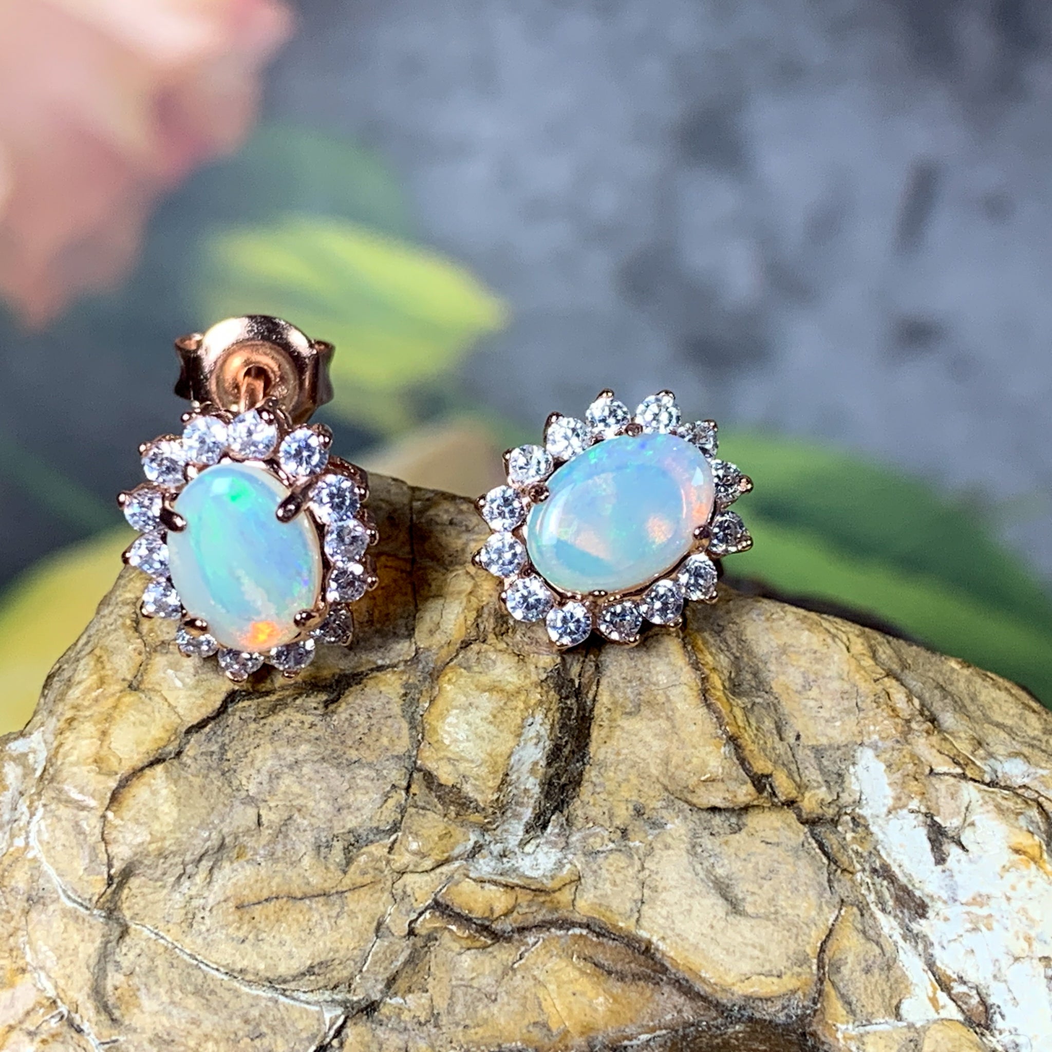 Rose Gold plated silver 7x5mm White Opal cluster earrings - Masterpiece Jewellery Opal & Gems Sydney Australia | Online Shop