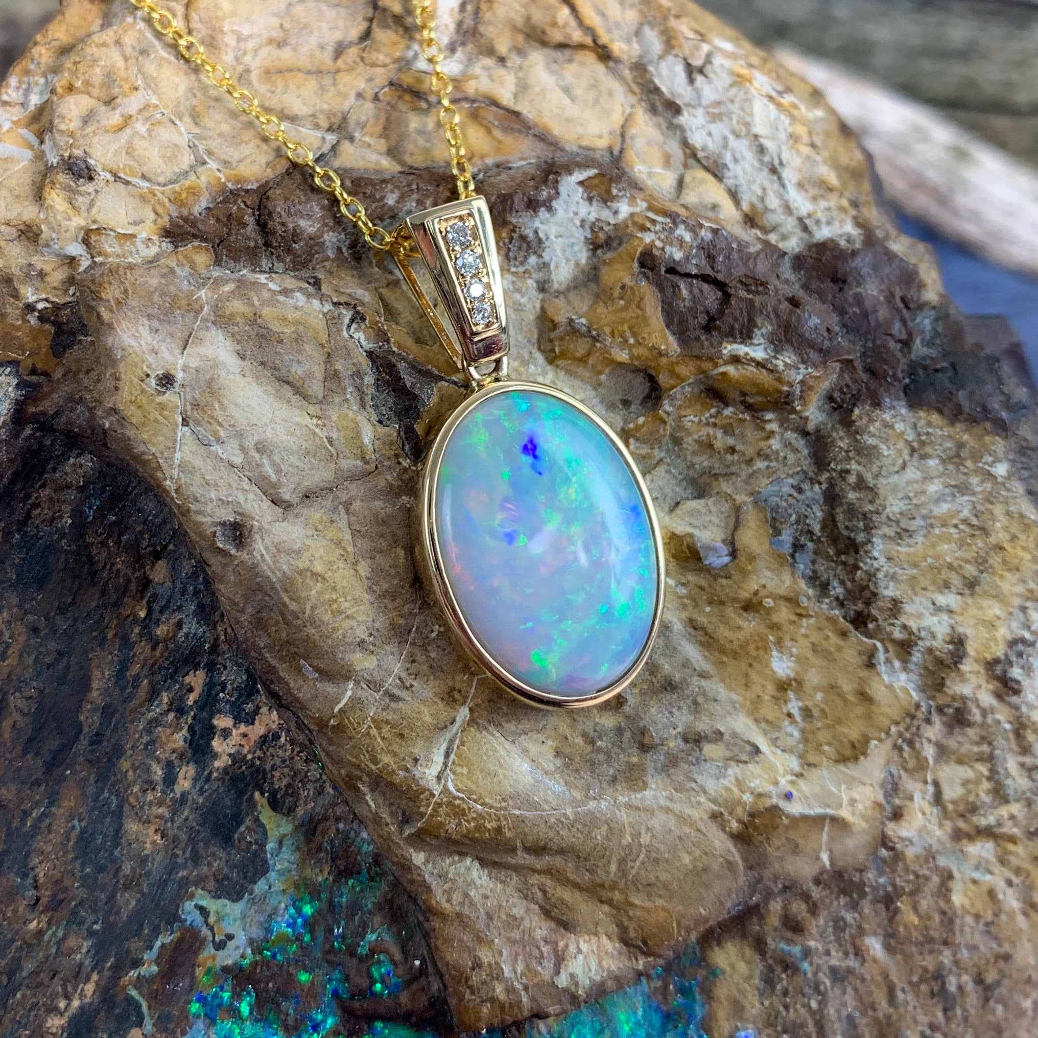 14kt Yellow Gold bezel set Oval Light Opal and diamond pendant - Masterpiece Jewellery Opal & Gems Sydney Australia | Online Shop