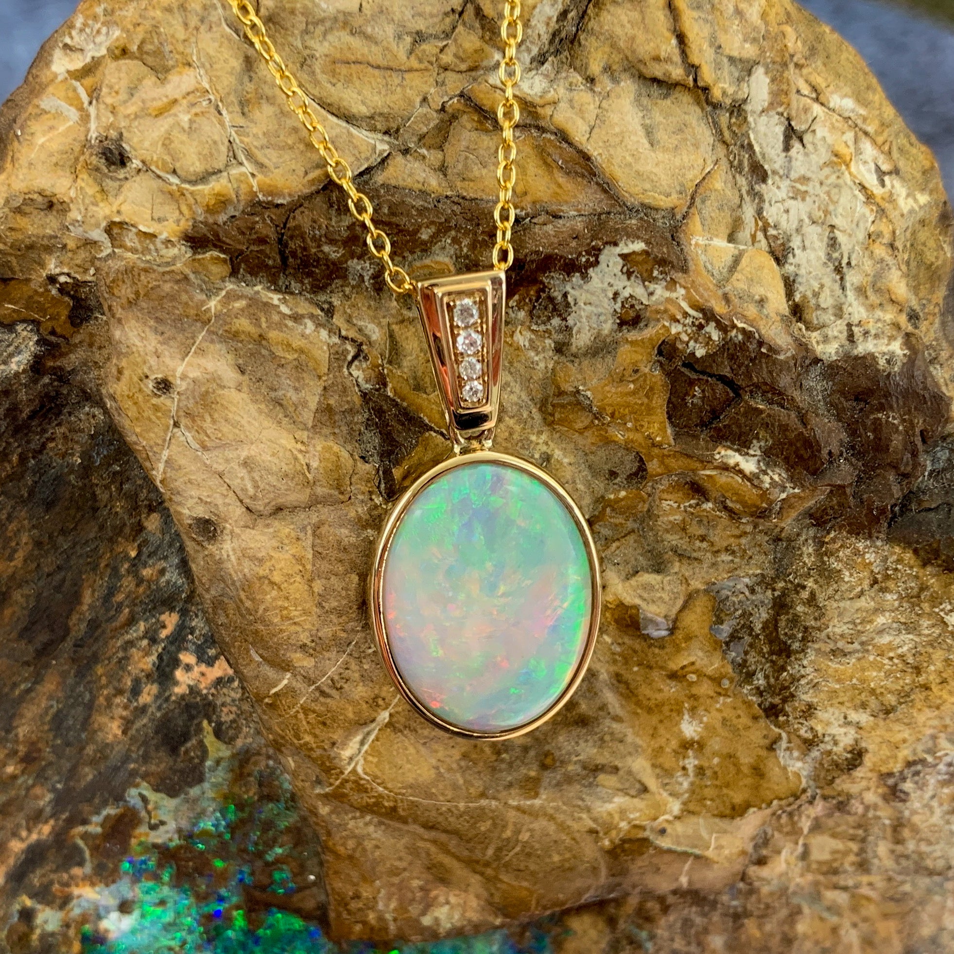 14kt Yellow Gold bezel set Oval Light Opal and diamond pendant - Masterpiece Jewellery Opal & Gems Sydney Australia | Online Shop