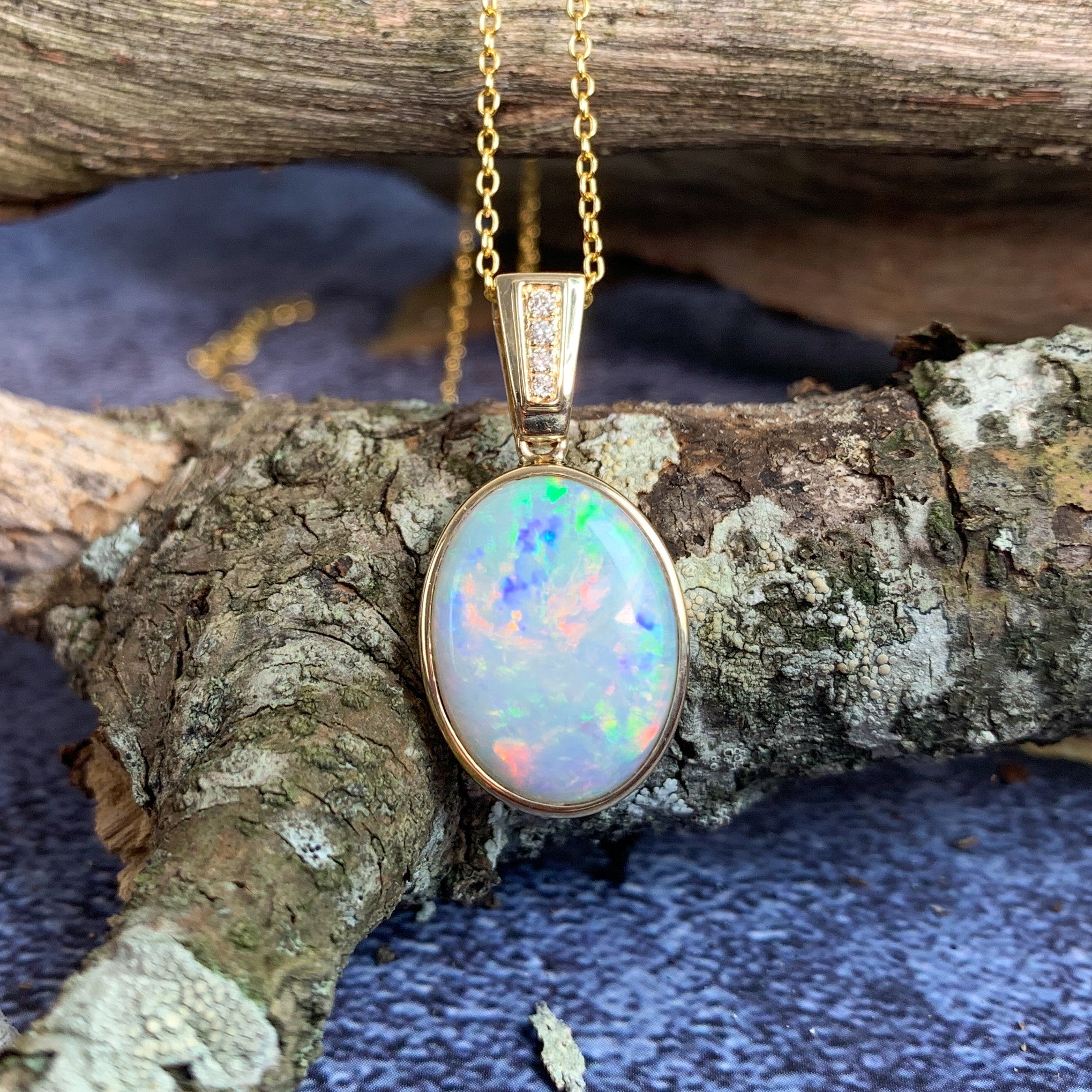 14kt Yellow Gold bezel set Oval Light Opal and diamond pendant - Masterpiece Jewellery Opal & Gems Sydney Australia | Online Shop