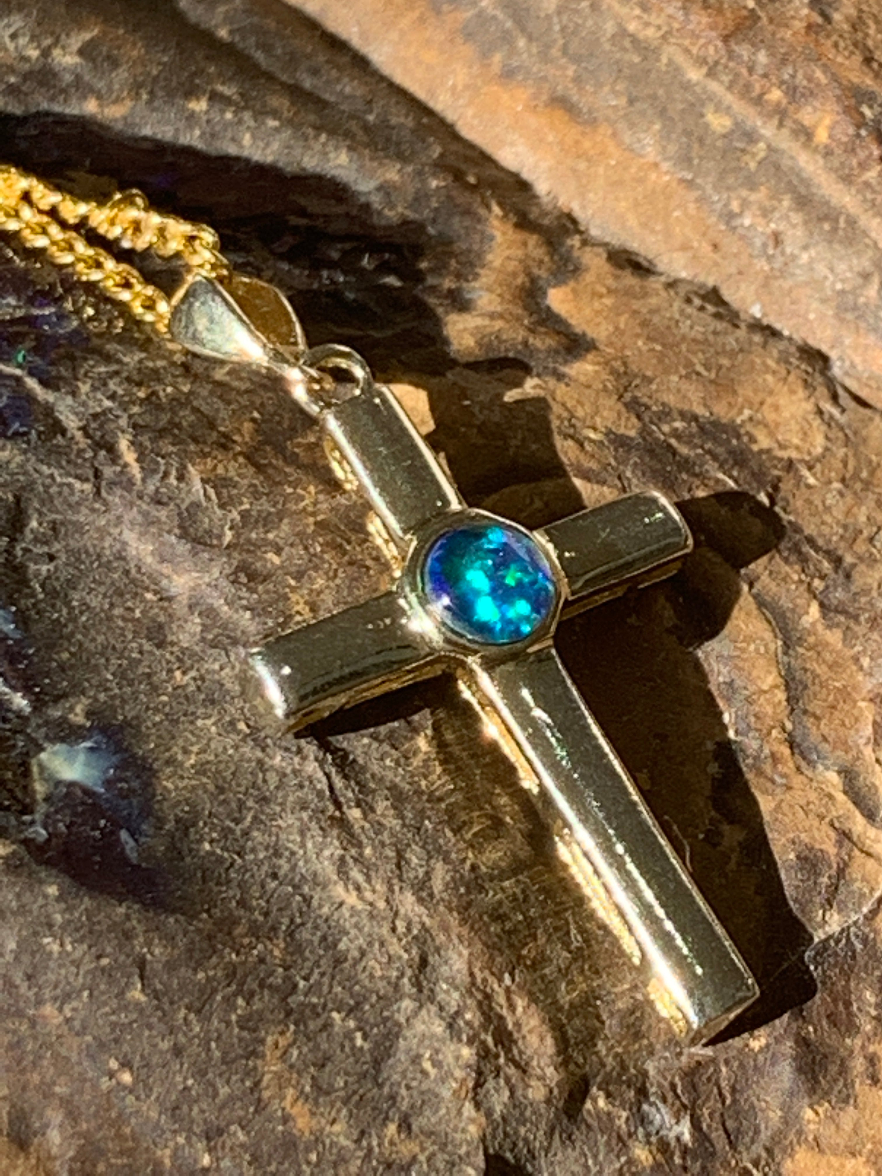 Sterling Silver Gold plated cross with 5mm Opal triplet - Masterpiece Jewellery Opal & Gems Sydney Australia | Online Shop