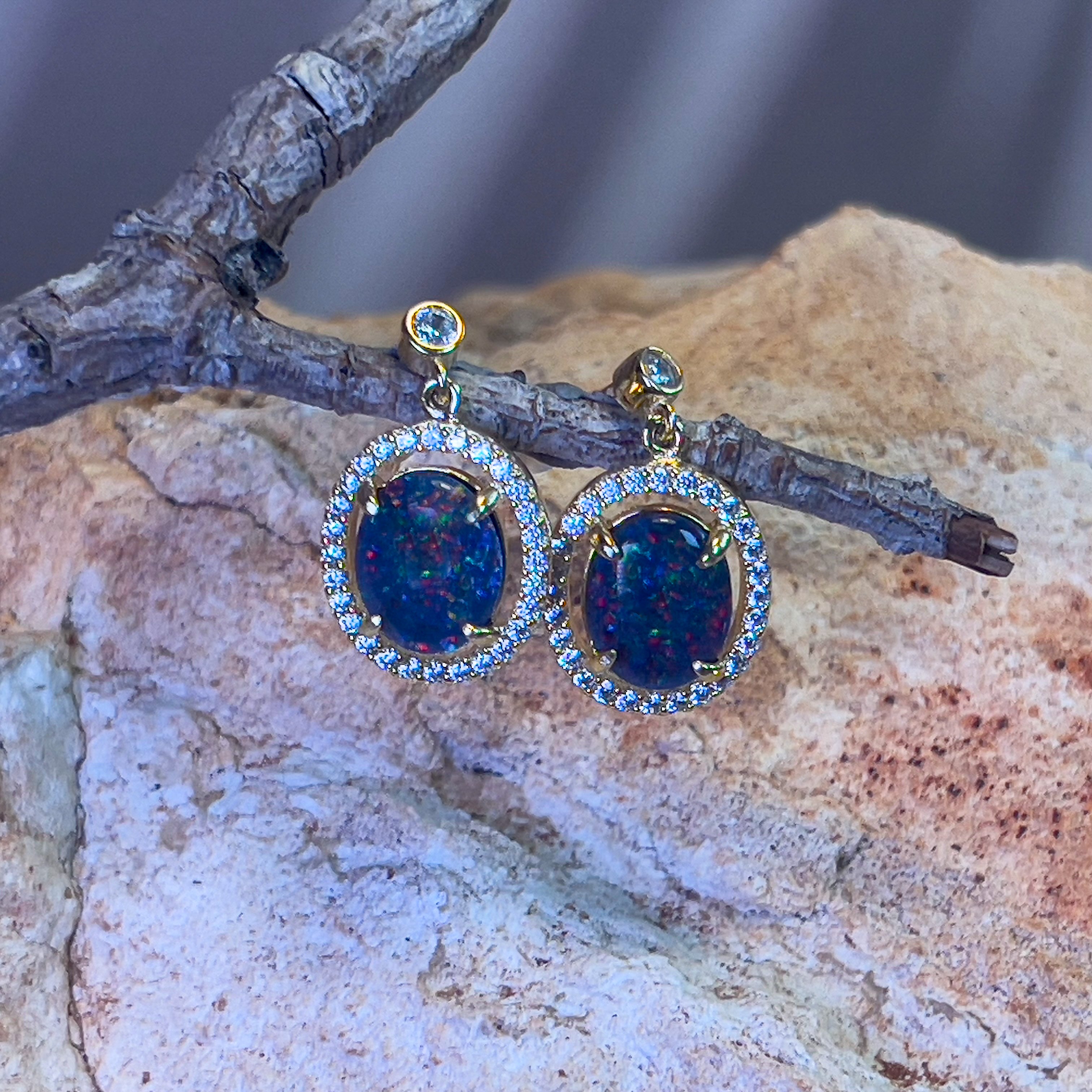 Dazzling Opal Drop Earrings - Gold Plated Sterling Silver Opal Triplet dangle earrings - Masterpiece Jewellery Opal & Gems Sydney Australia | Online Shop
