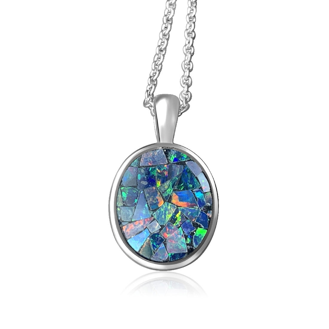 Sterling Silver Mosiac Opal Oval bezel pendant 12x10mm - Masterpiece Jewellery Opal & Gems Sydney Australia | Online Shop