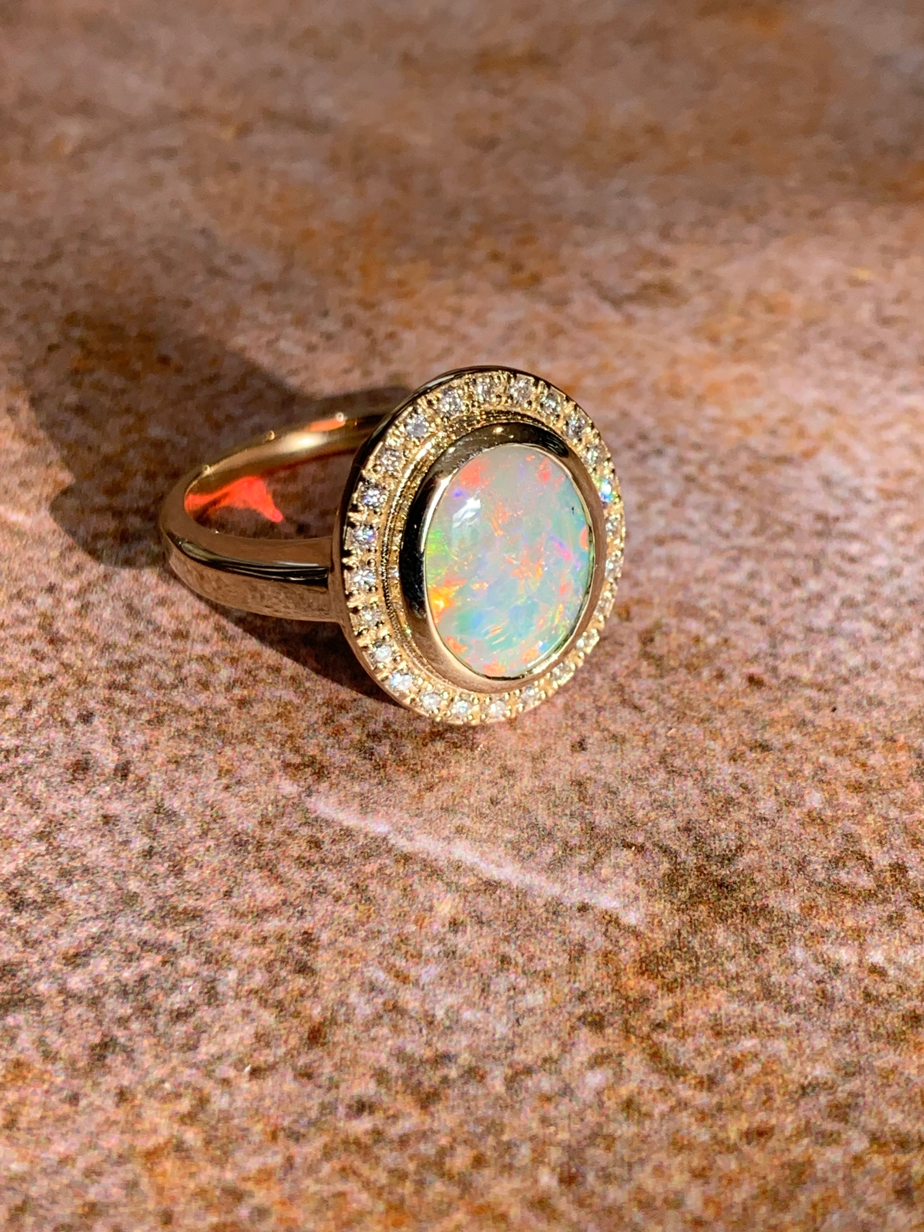 14kt Yellow Gold White Fire Opal and diamond ring - Masterpiece Jewellery Opal & Gems Sydney Australia | Online Shop