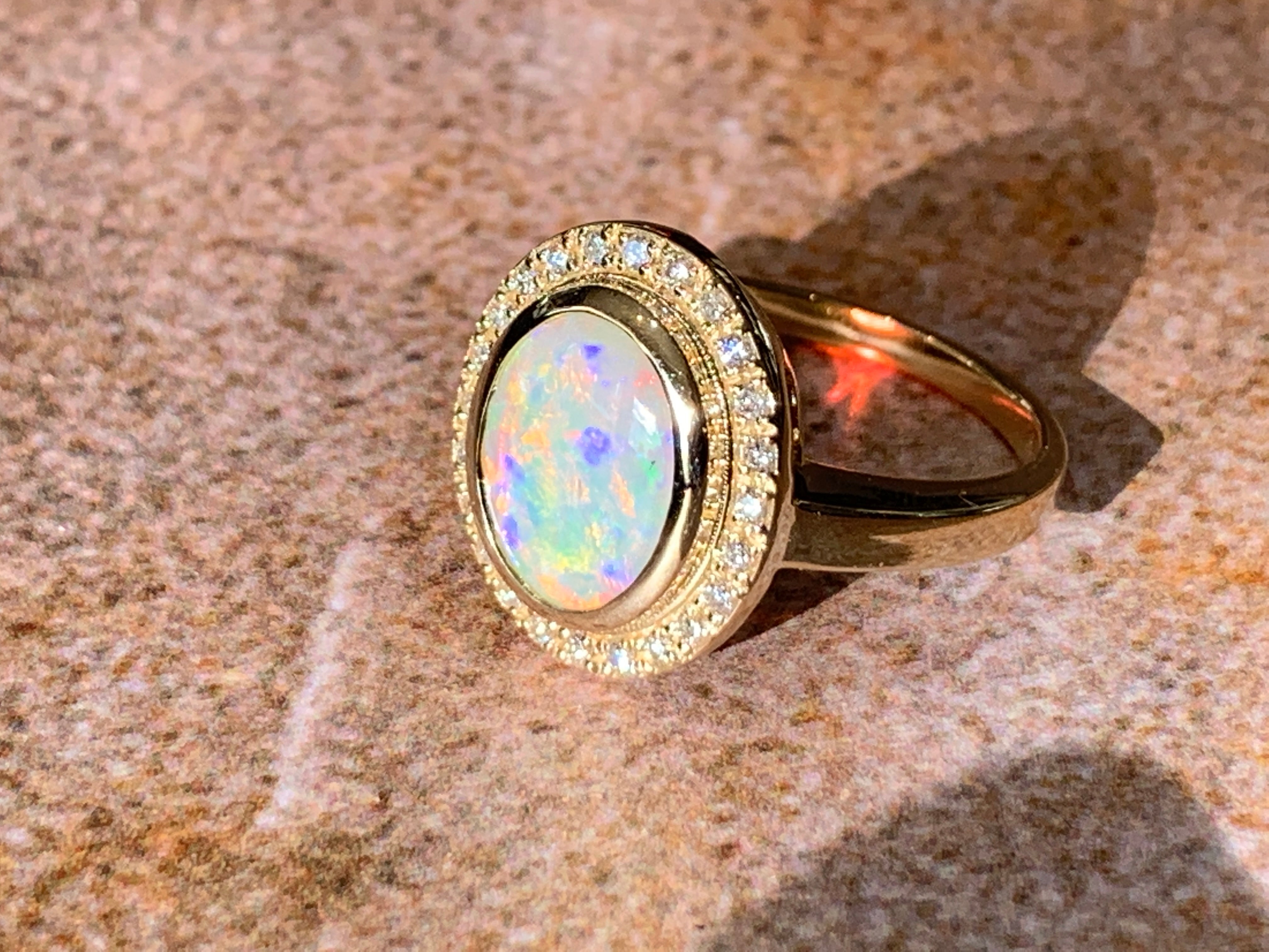 14kt Yellow Gold White Fire Opal and diamond ring - Masterpiece Jewellery Opal & Gems Sydney Australia | Online Shop